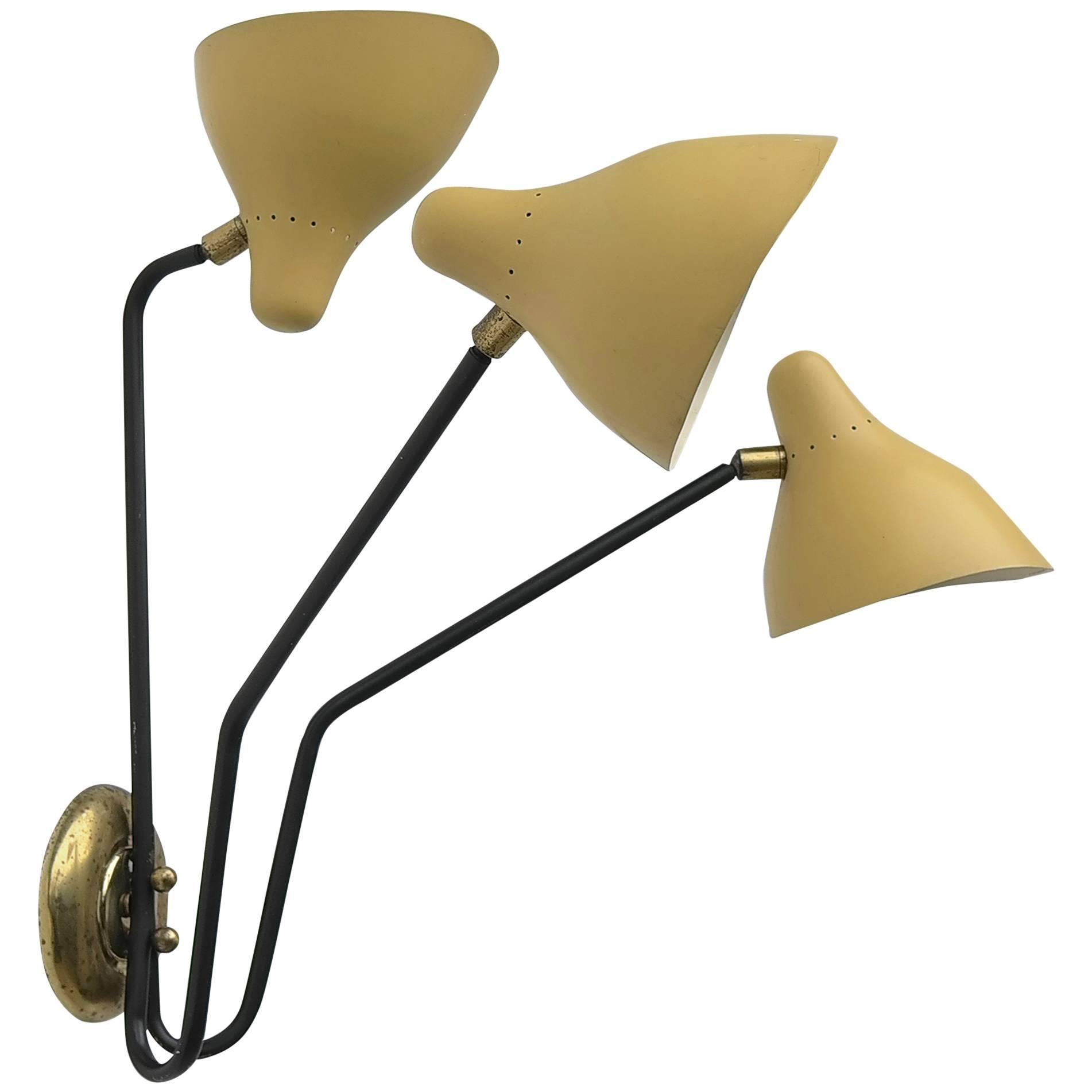 Three Arm Wall Lamp with Yellow shades by Stilux, Italy 1950s