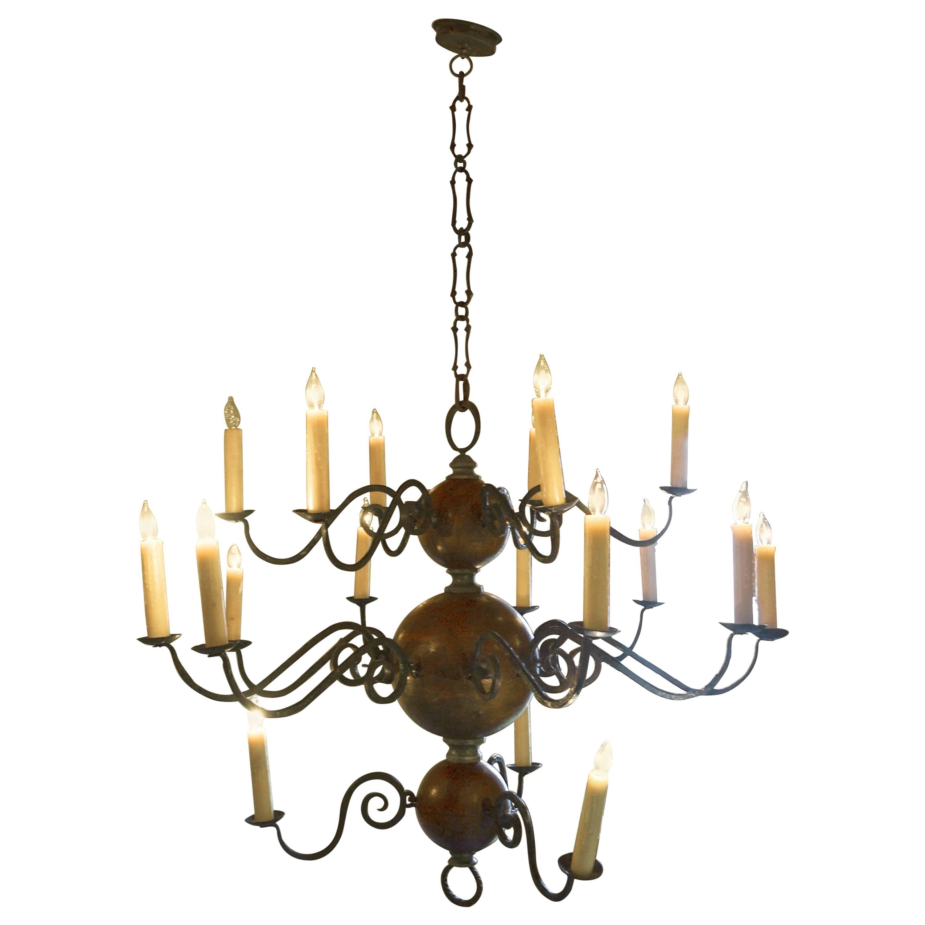 Dutch Iron and Wood Baroque Style Chandelier, circa 19th Century