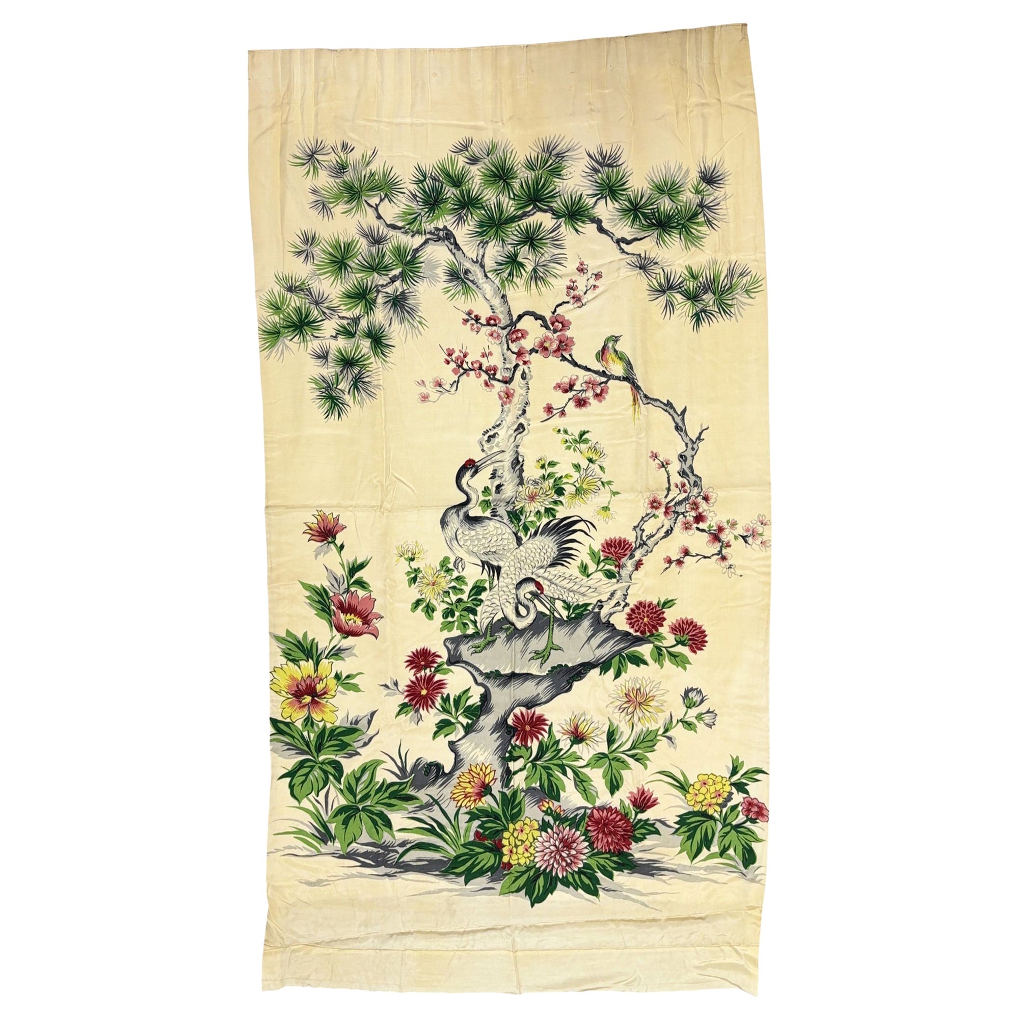 One of a Kind Mid Century Silk Curtain Panel with Cranes, Pine, and Chrysanthemu For Sale