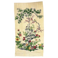 One of a Kind Mid Century Silk Curtain Panel with Cranes, Pine, and Chrysanthemu