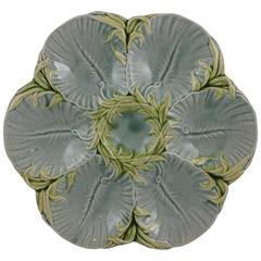 Luneville French Majolica Green Seaweed on Gray Ground Oyster Plate Luneville French Majolica Green Seaweed on Gray Ground Oyster Plate