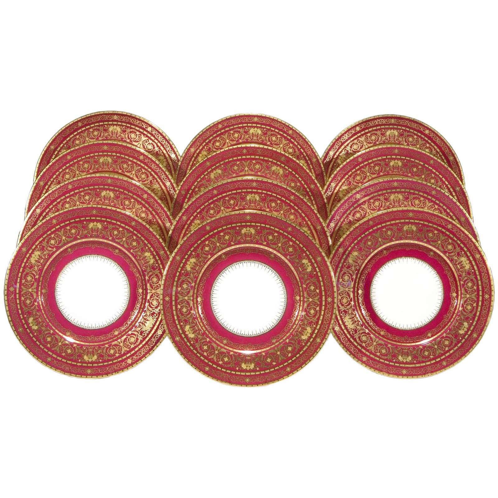 12 Minton Burgundy Red Border Service Plates with Raised Paste Gold Decoration