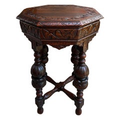 PETITE Antique French Octagon Center Side TABLE Renaissance Carved Oak c1890