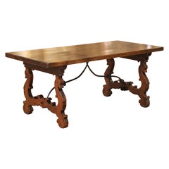 Used 19th Century Spanish Carved Walnut Dining Trestle Table with Single Plank Top