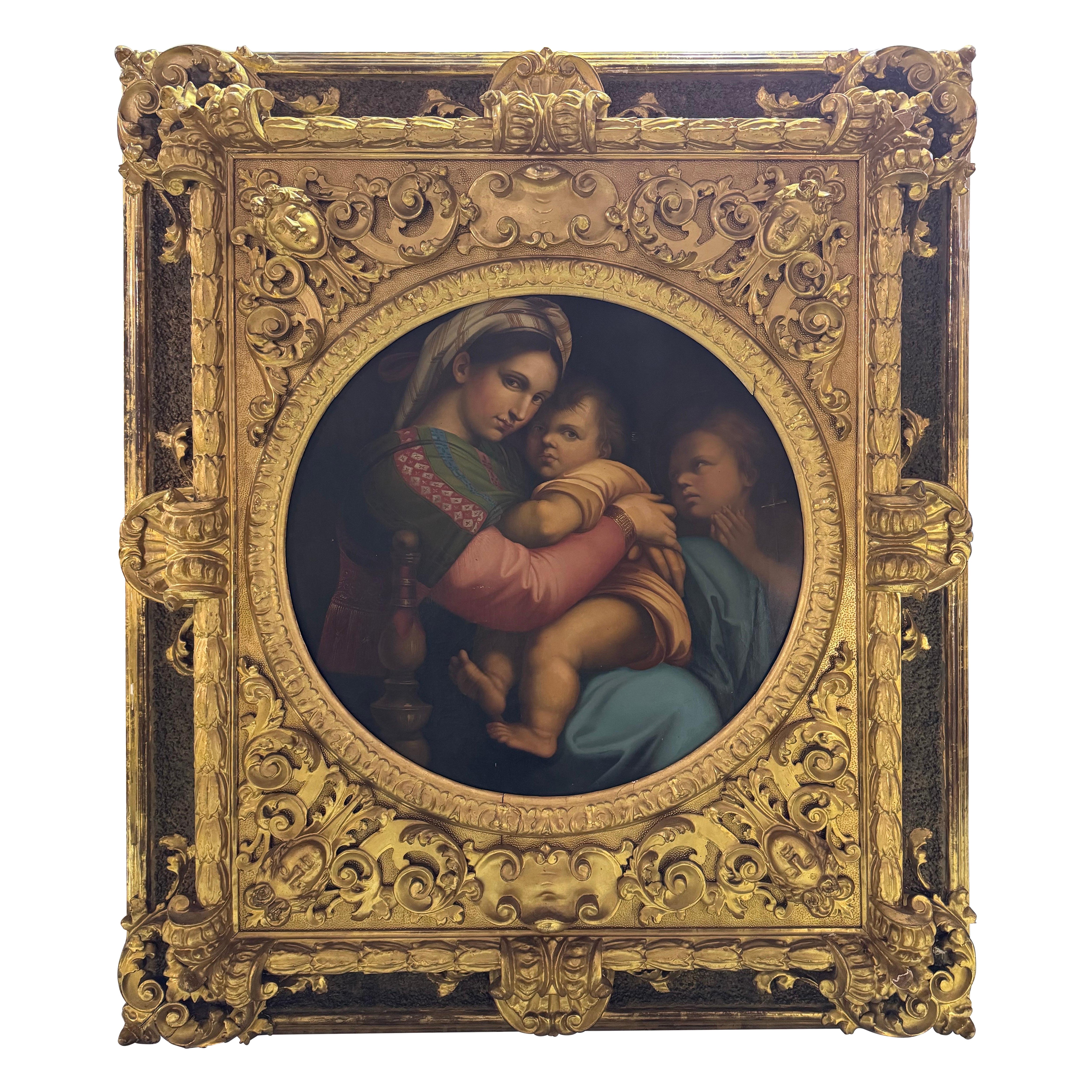 Monumental Mid-19thC Carved and Gilded Frame with Madonna Della Seggiola Replica For Sale