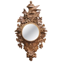 19th C. French Black Forest Carved Oak Mirror with Bronze Trim and Bird Motif