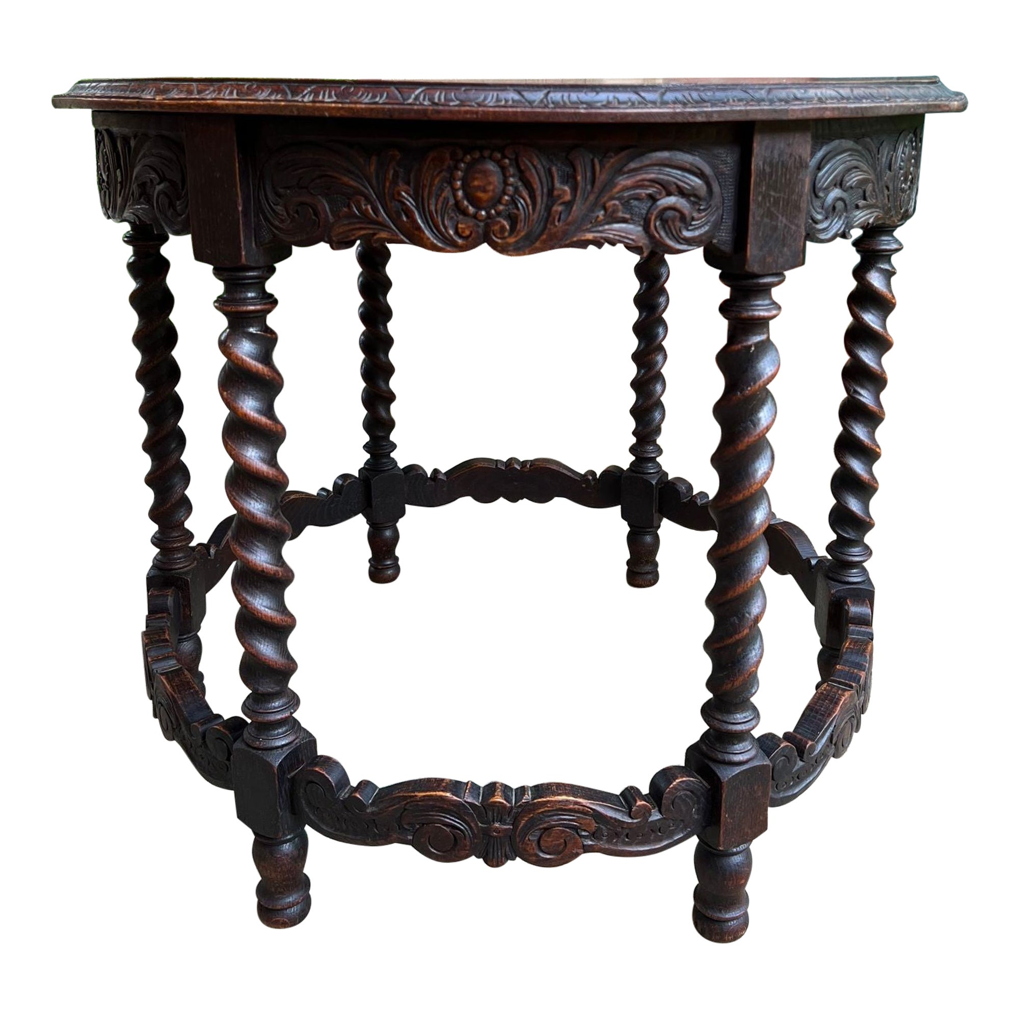 Antique French ROUND Side Center Table BARLEY TWIST Carved Oak Renaissance c1900 in vendita