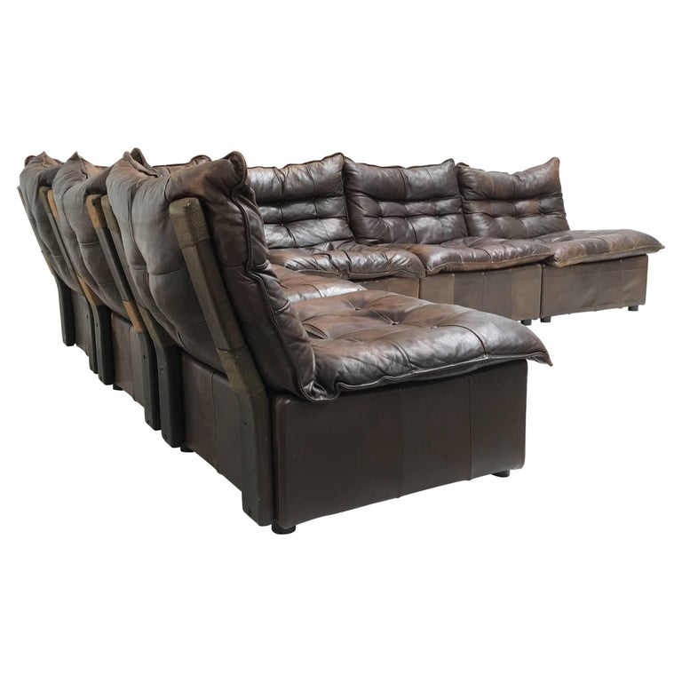 Gypset 1970s Chocolate Brown Distressed, Worn Leather Sectional Sofa
