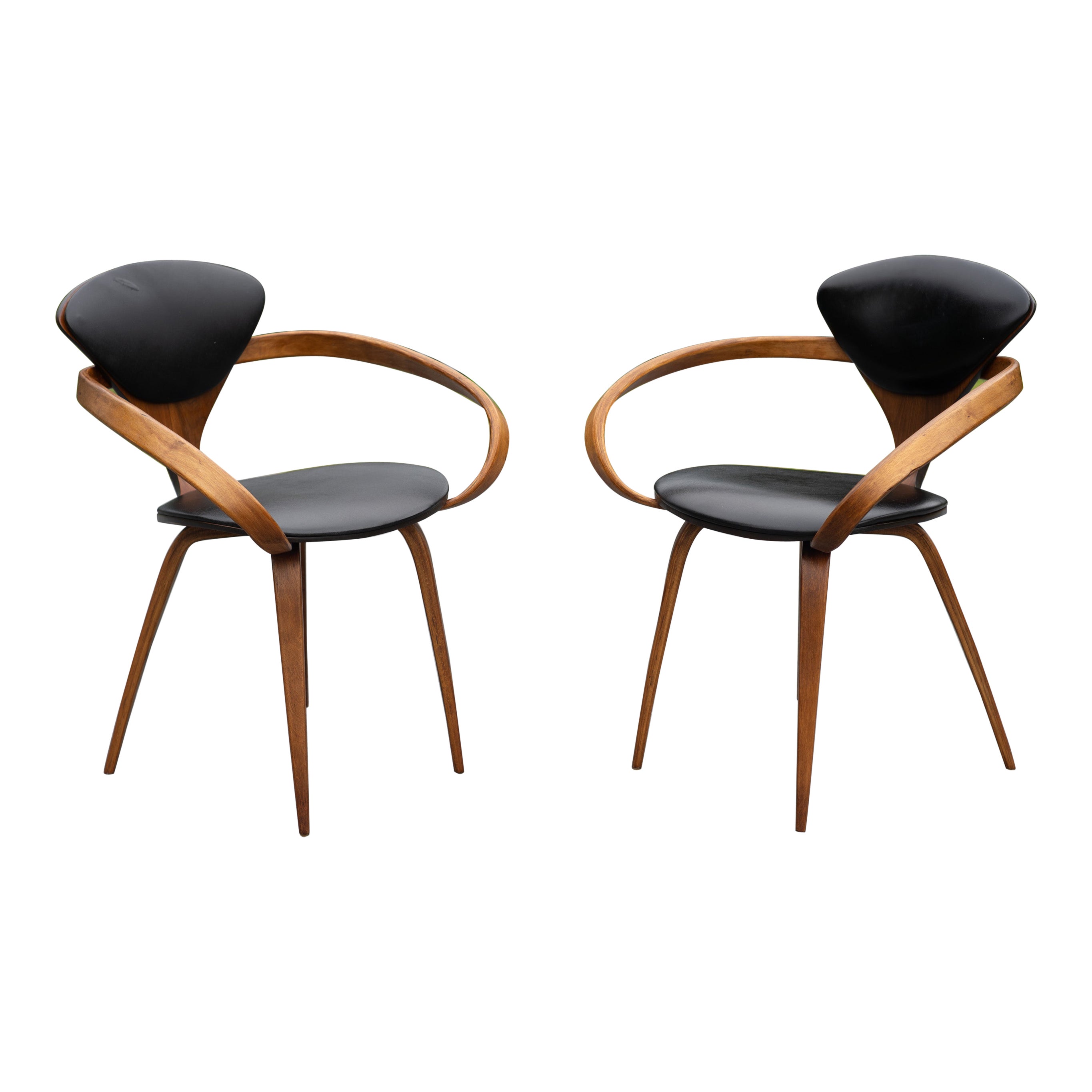 Professionally Restored Norman Cherner Plycraft Pretzel Walnut & Black Armchairs For Sale