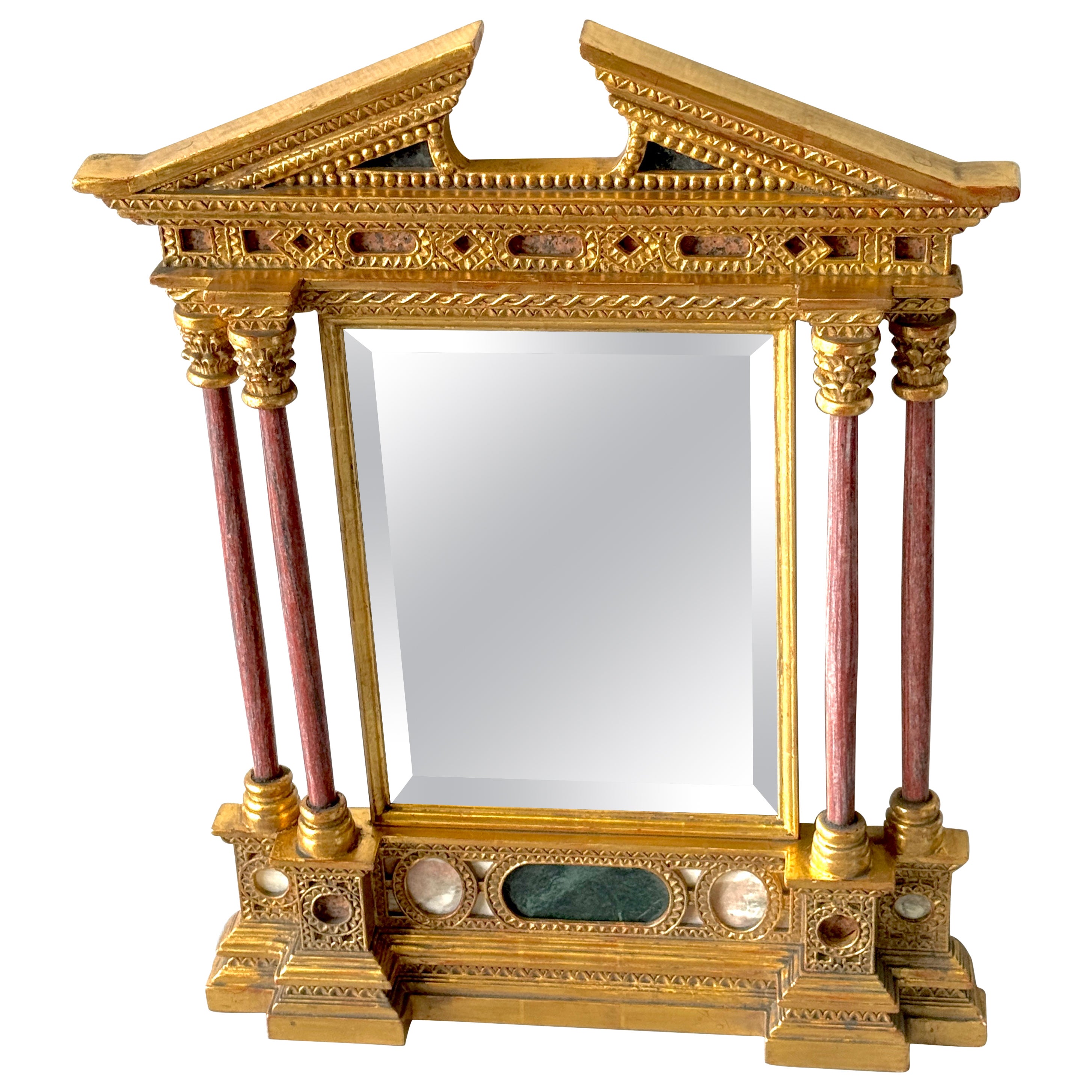 Italienischer neoklassischer Spiegel aus Giltwood mit Intarsien und geschnitztem Marmor, 20. im Angebot