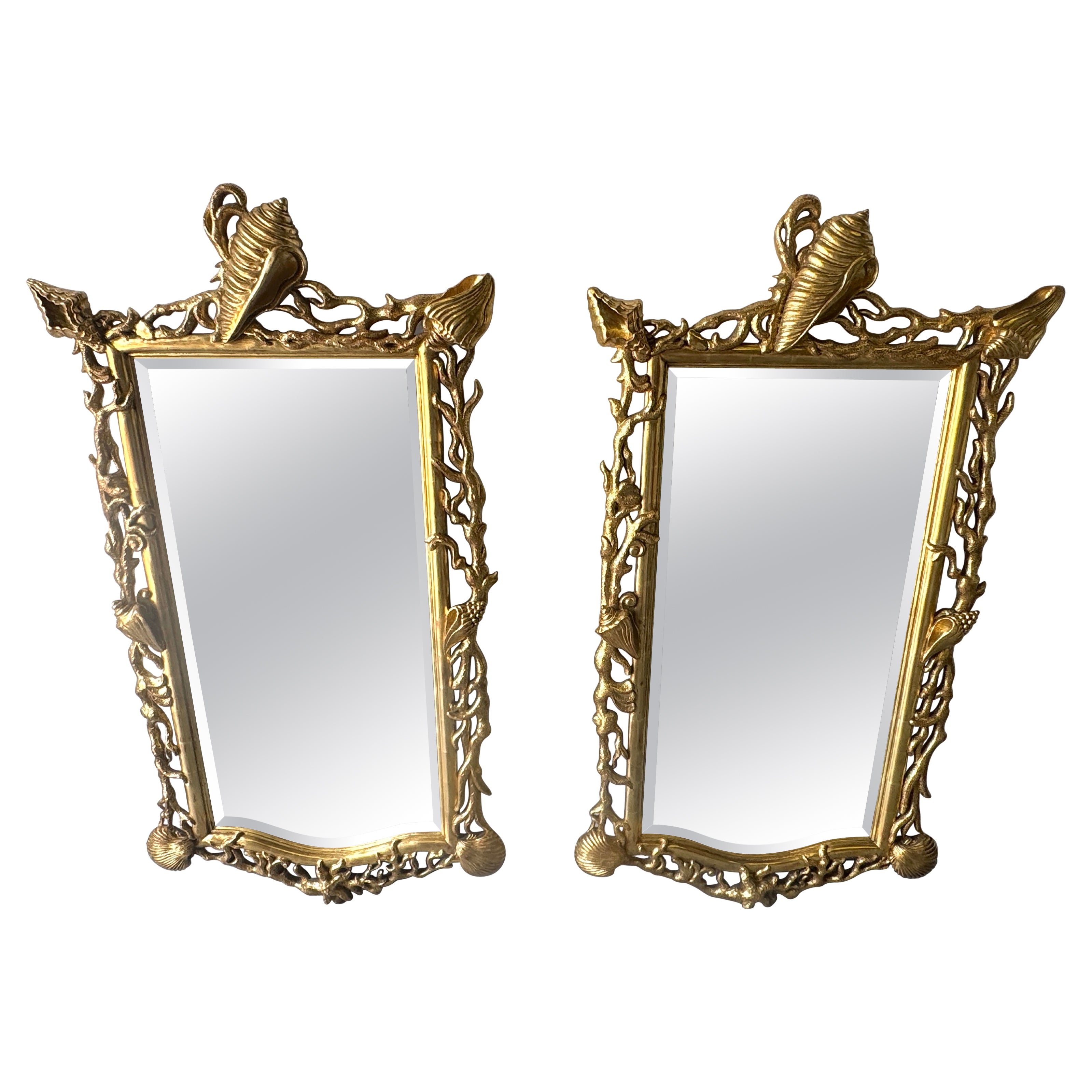 Extraordinary Pair of Italian Carved Giltwood Mirrors with Shell and Coral Motif For Sale