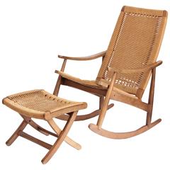 Woven Rope Mid-Century Modern Rocking Chair and Ottoman