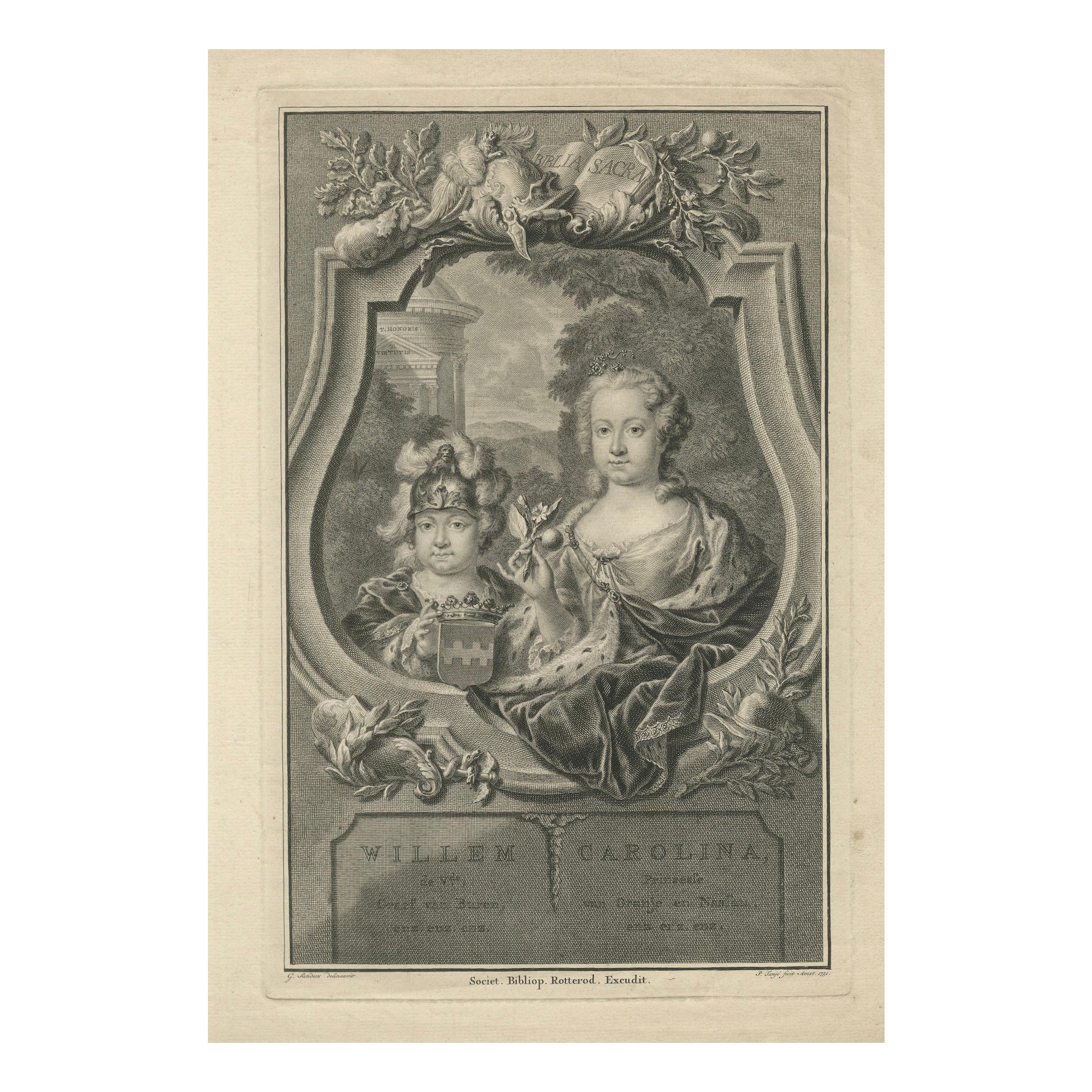 Willem IV and Princess Carolina – Antique Dutch Engraving c.1730 For Sale