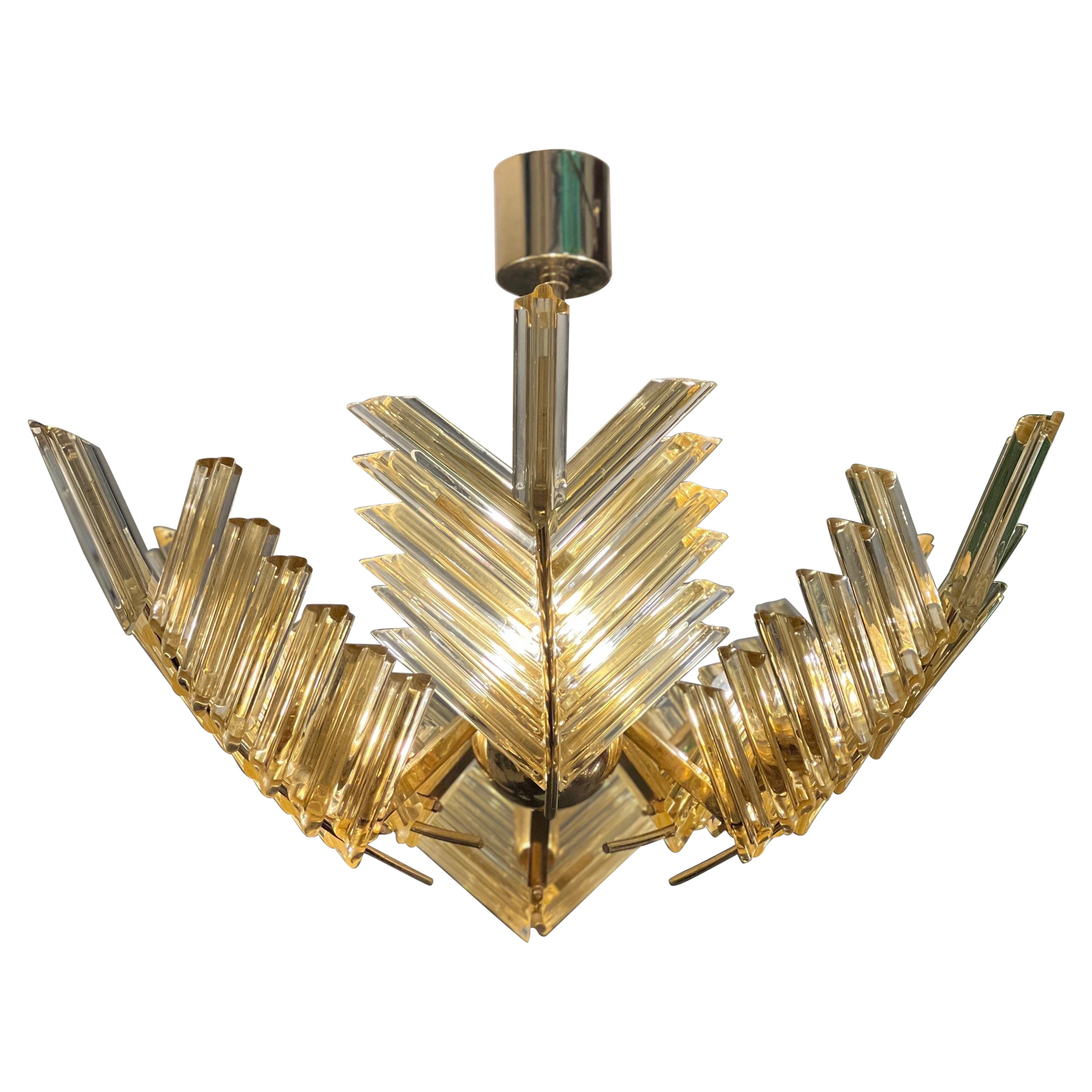 Vintage Gold Murano Glass Palm Leaves and Brass Chandelier 1970 For Sale
