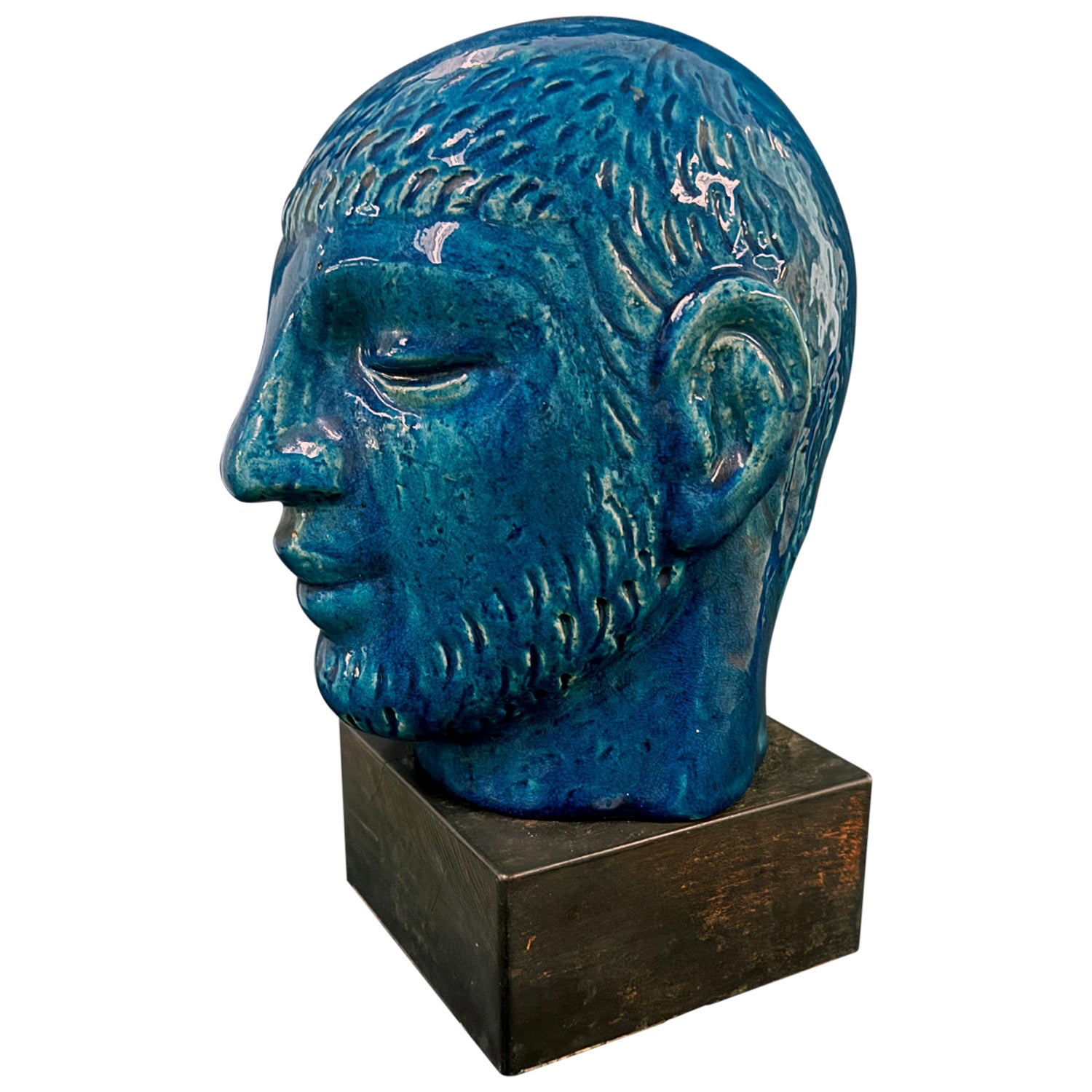 "Testa blu", notevole scultura Art Déco di un giovane uomo di Jais Nielsen