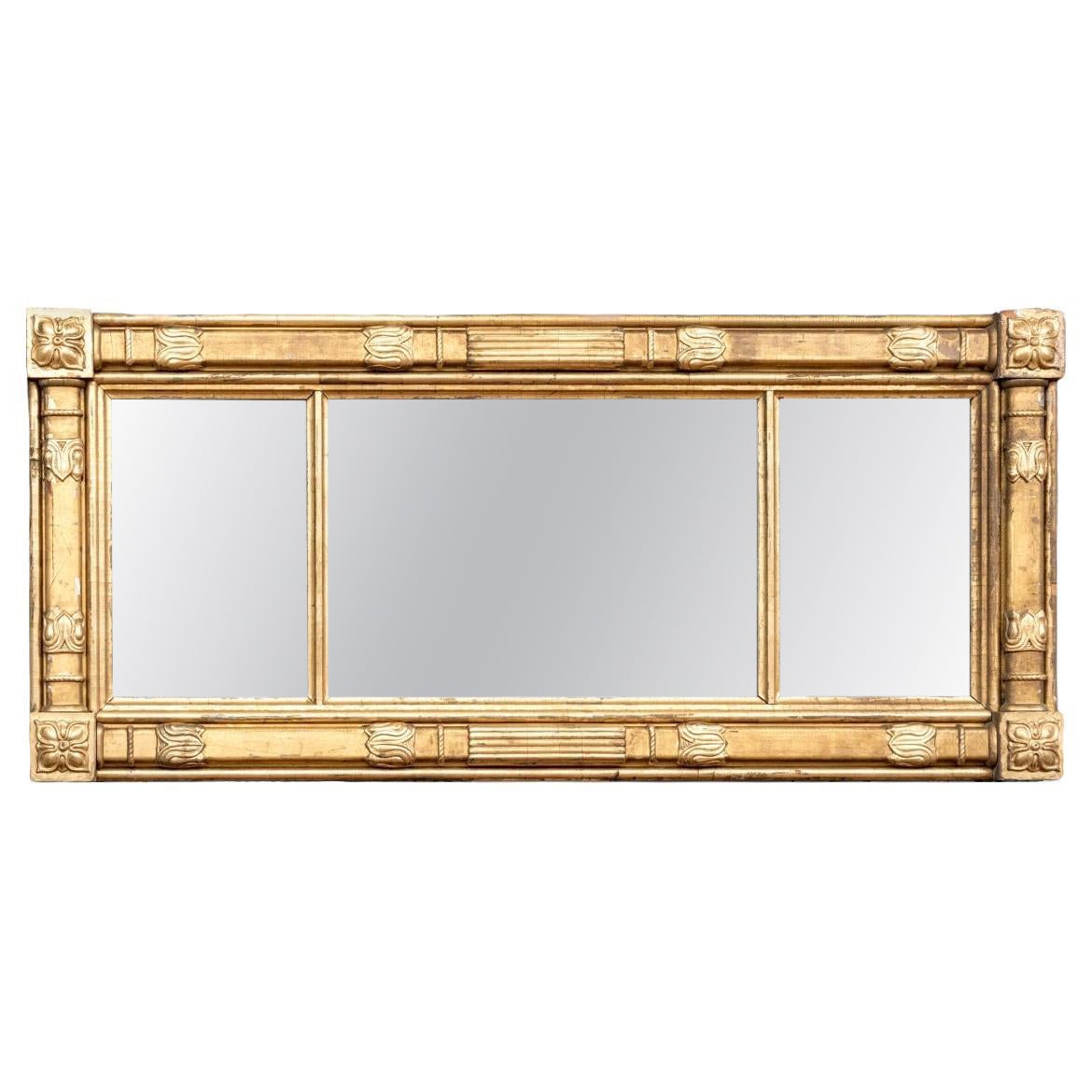 Handsome Antique Carved And Gilt Finished Three-Panel Over-the-Mantel Mirror For Sale