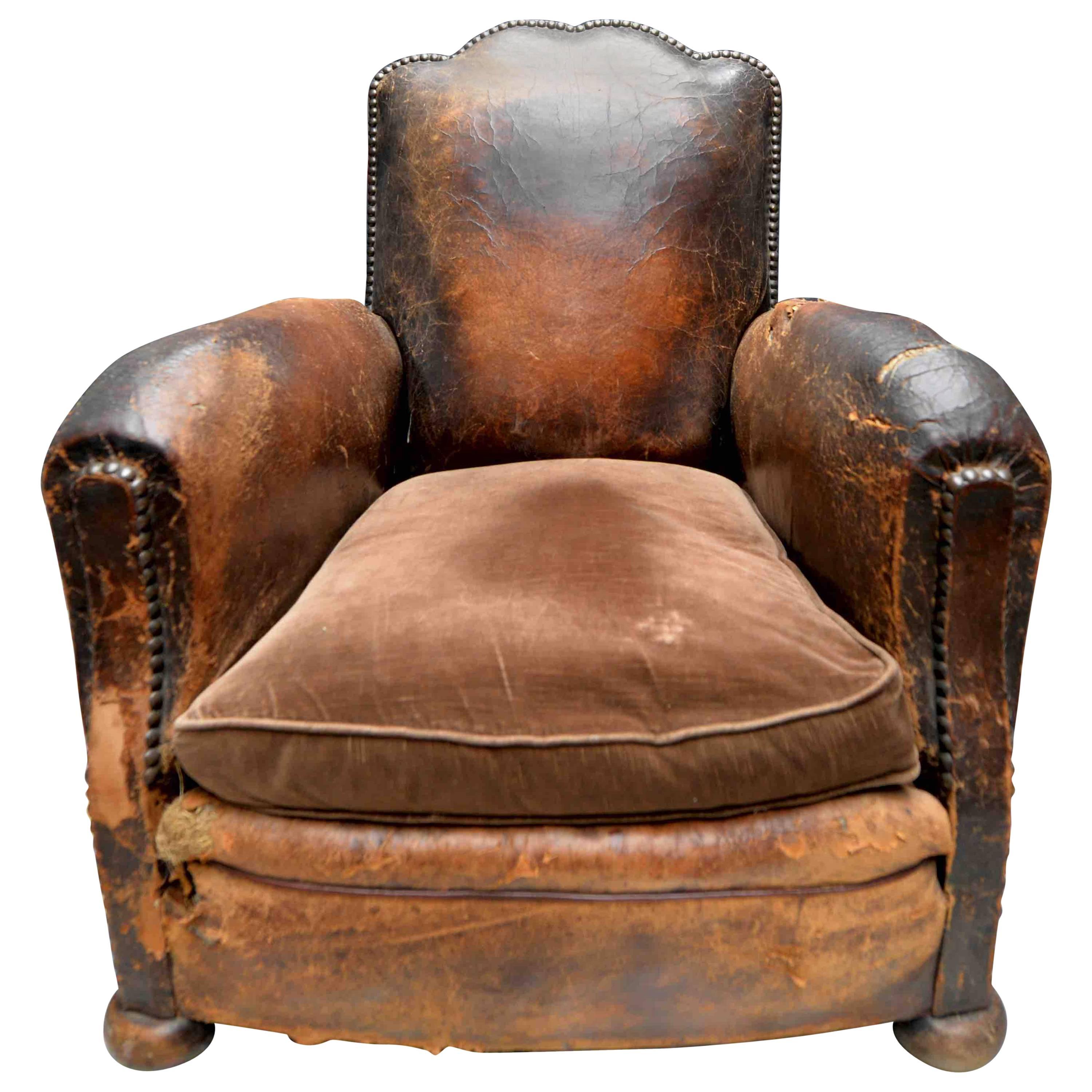 19th Century French Leather Lounge Club Chair For Sale