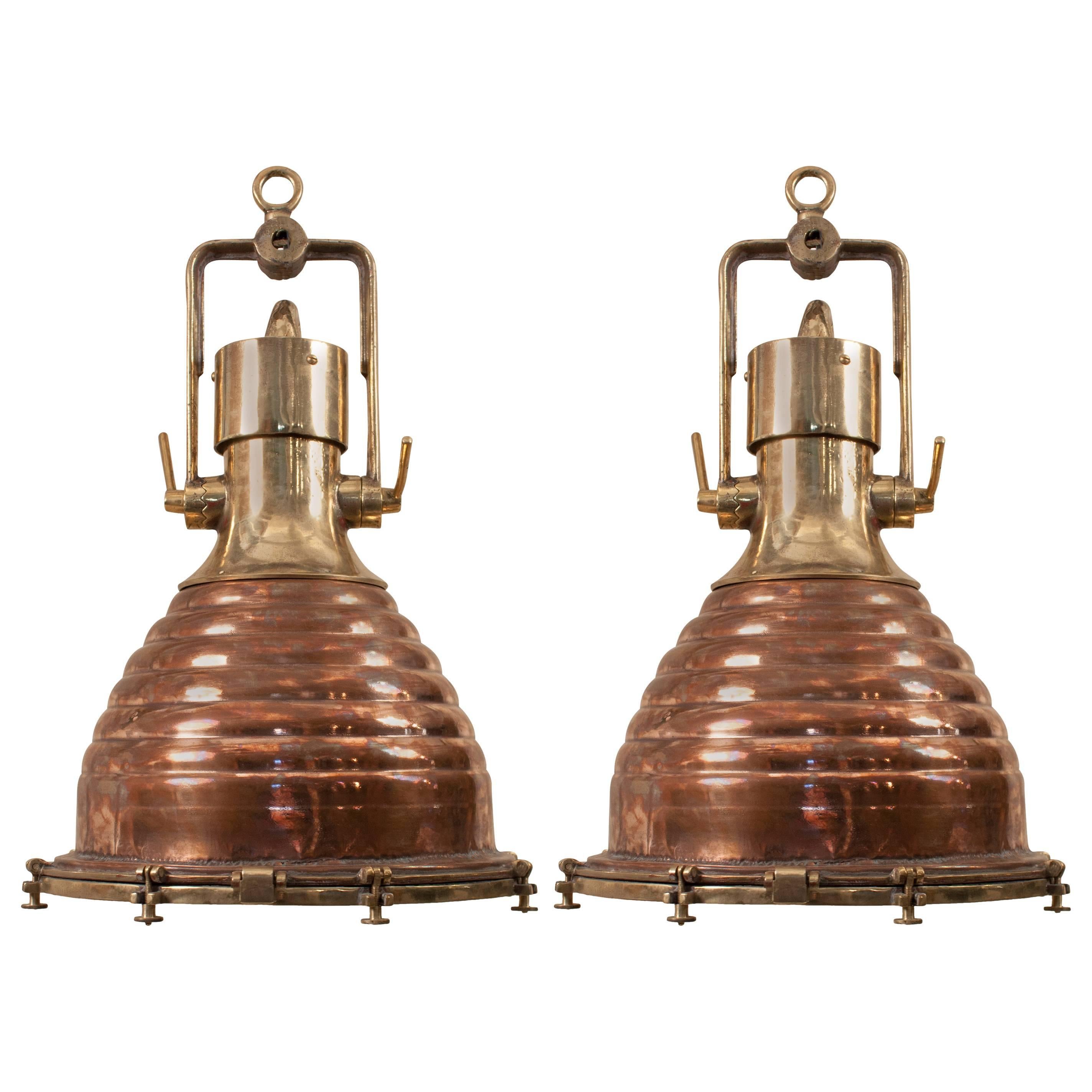 Pair of Large Copper and Brass "Beehive" Ship Deck Lights