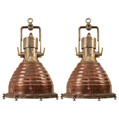 Vintage Pair of Large Copper and Brass "Beehive" Ship Deck Lights