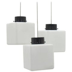 One of Three Milk Glass Cube Pendants by Stilnovo, Italy, 1960s One of Three Milk Glass Cube Pendants by Stilnovo, Italy, 1960s