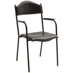Stitched Black Leather Armchair by Jacques Adnet