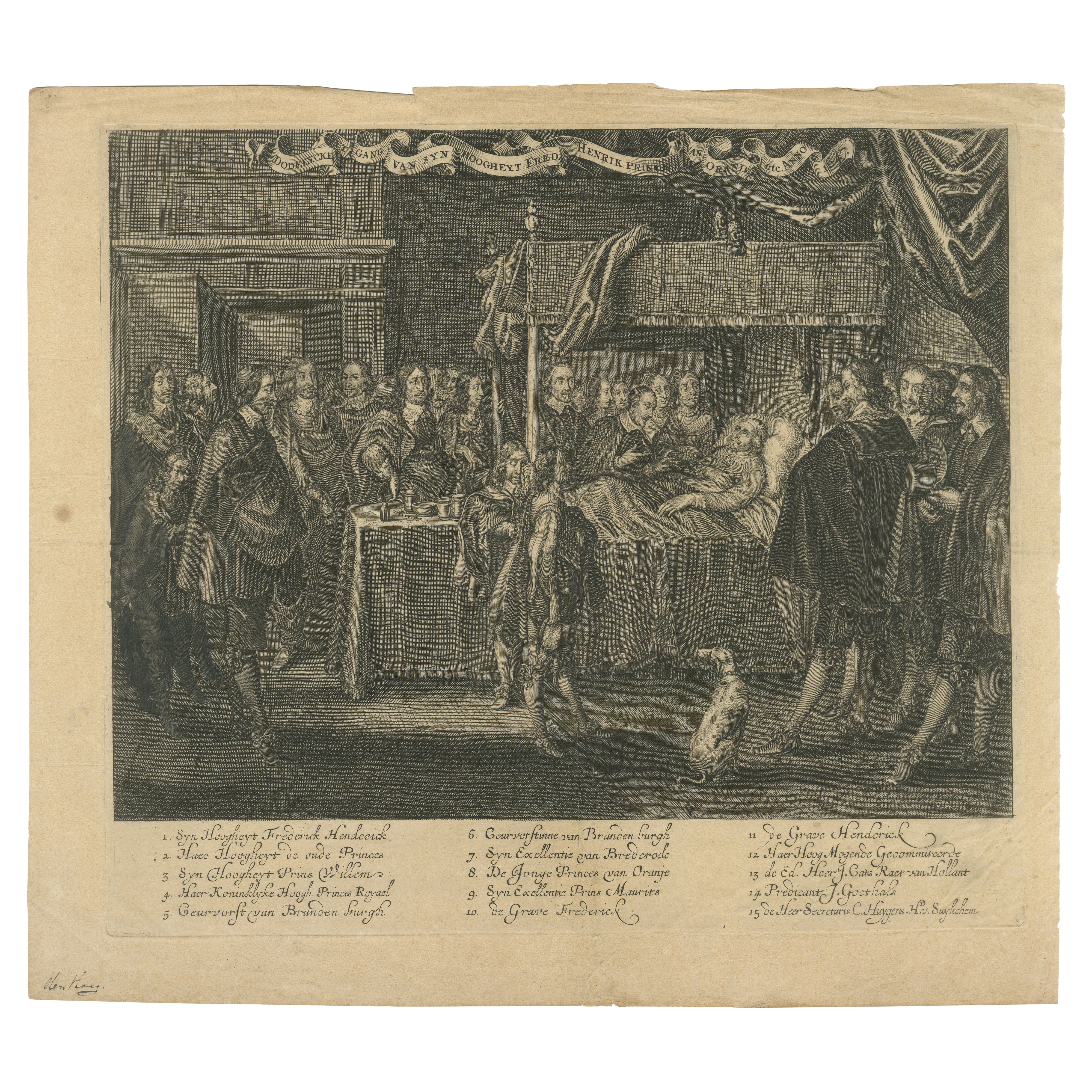 Sterbebett des Prinzen von Oranien, um 1647 - Historischer holländischer Kupferstich, ca.1647