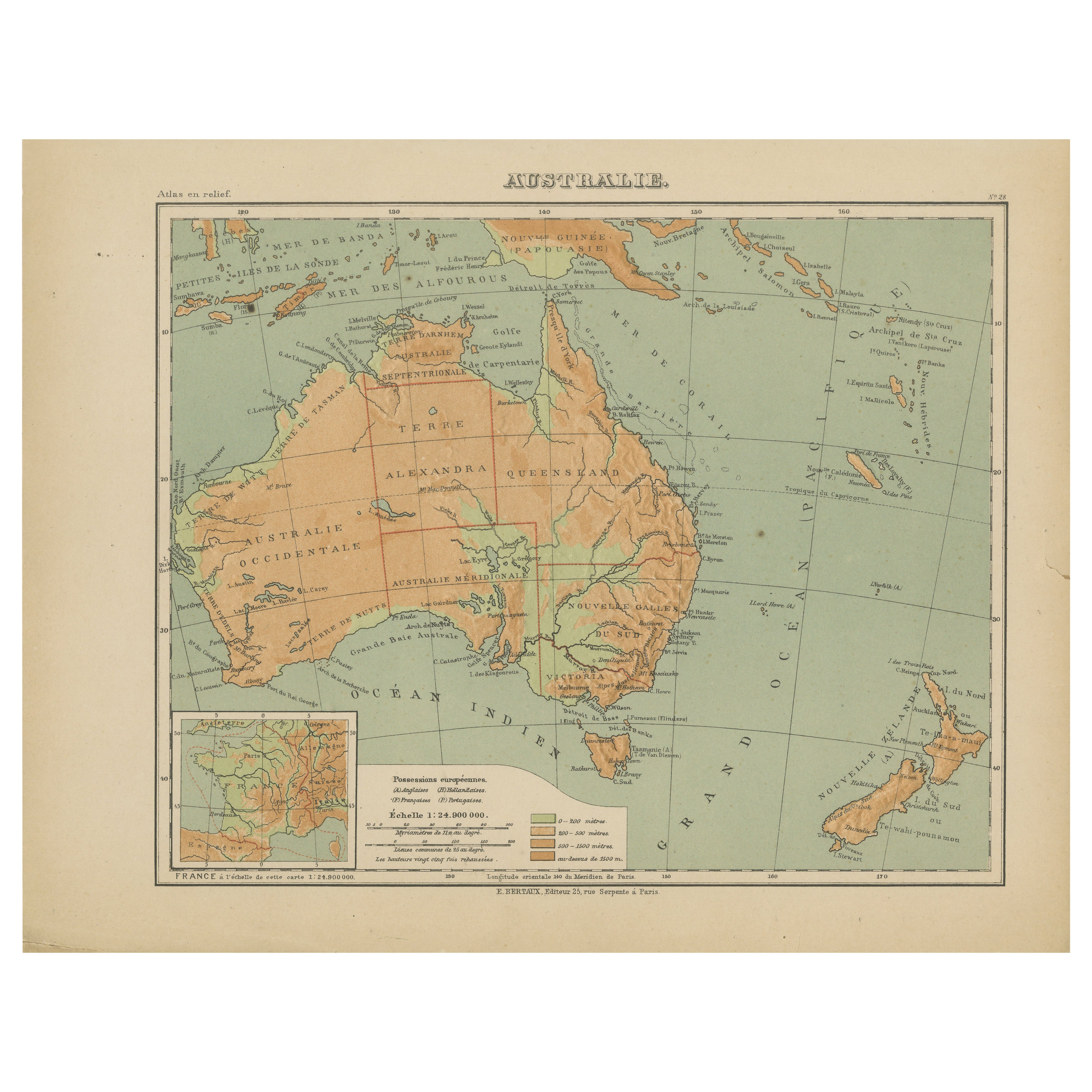 Antique Map of Australia and Oceania – Physical Relief Map by Hachette, c.1883 For Sale