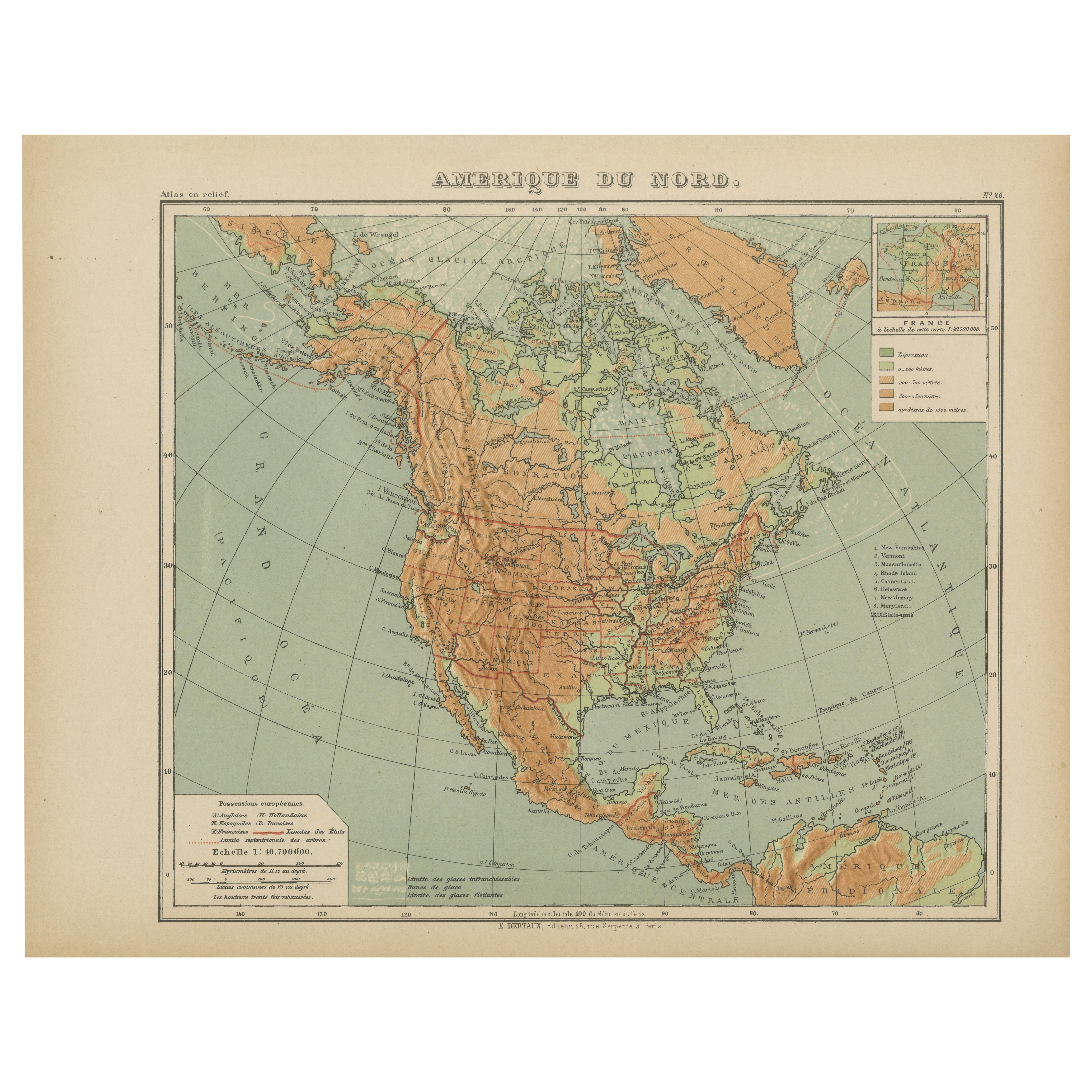 Carte ancienne de l'Amérique du Nord - Carte en relief physique par Hachette c.1883