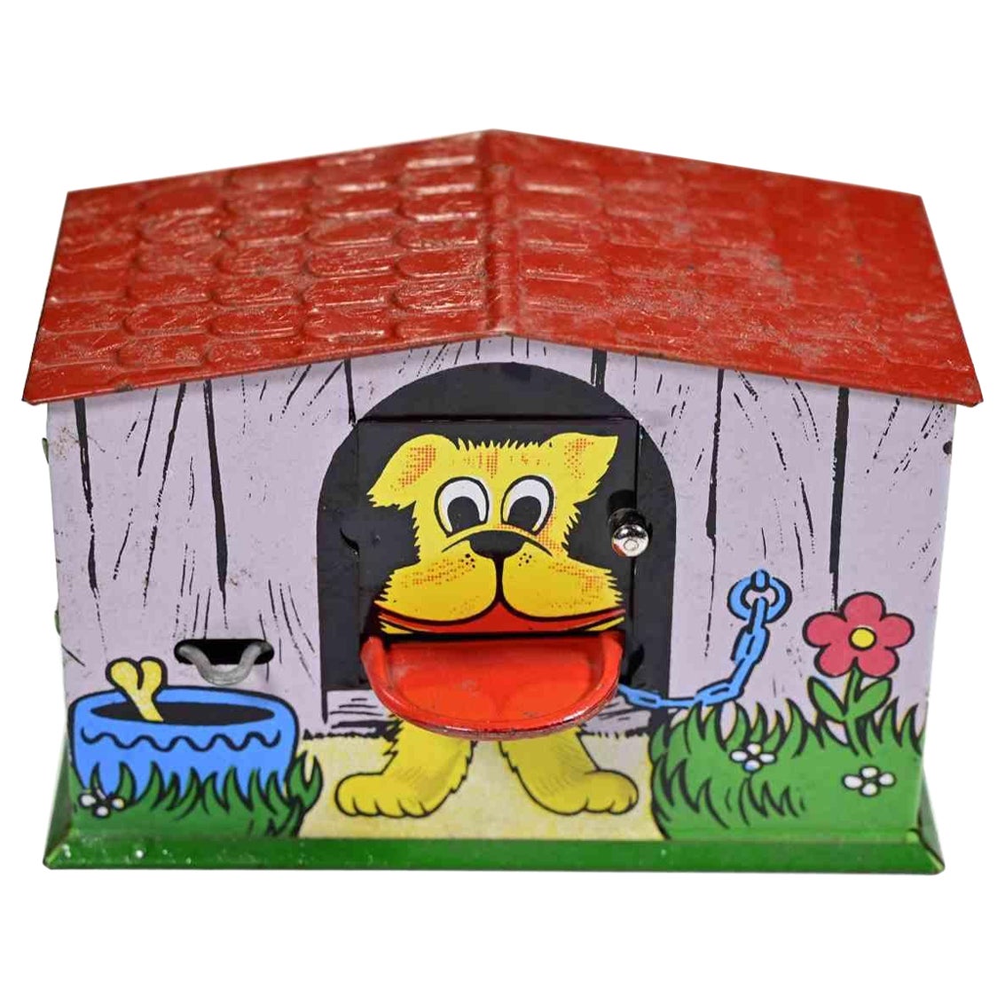 Vintage Tin Toy Dog House with Pop Out Tongue, Mid-20th Century