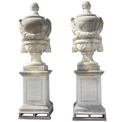 19th Century Pair of Monumental Urns in Limestone