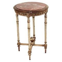 Antique French Louis XVI Style Round Painted Side Table with Marble Top Gold