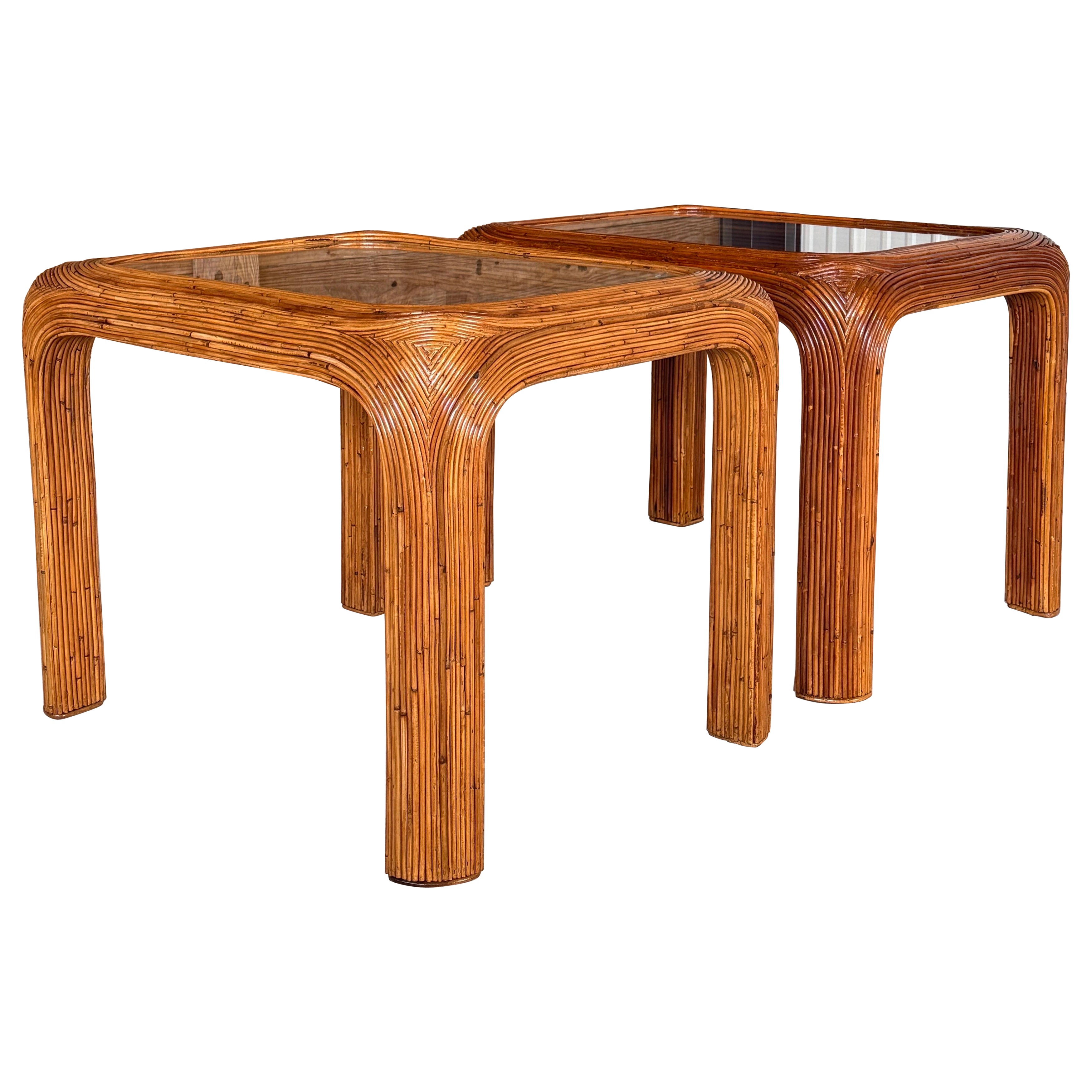 Mid-20th Century Restored Pencil Reed Rattan Side Tables With New Glass – Pair For Sale