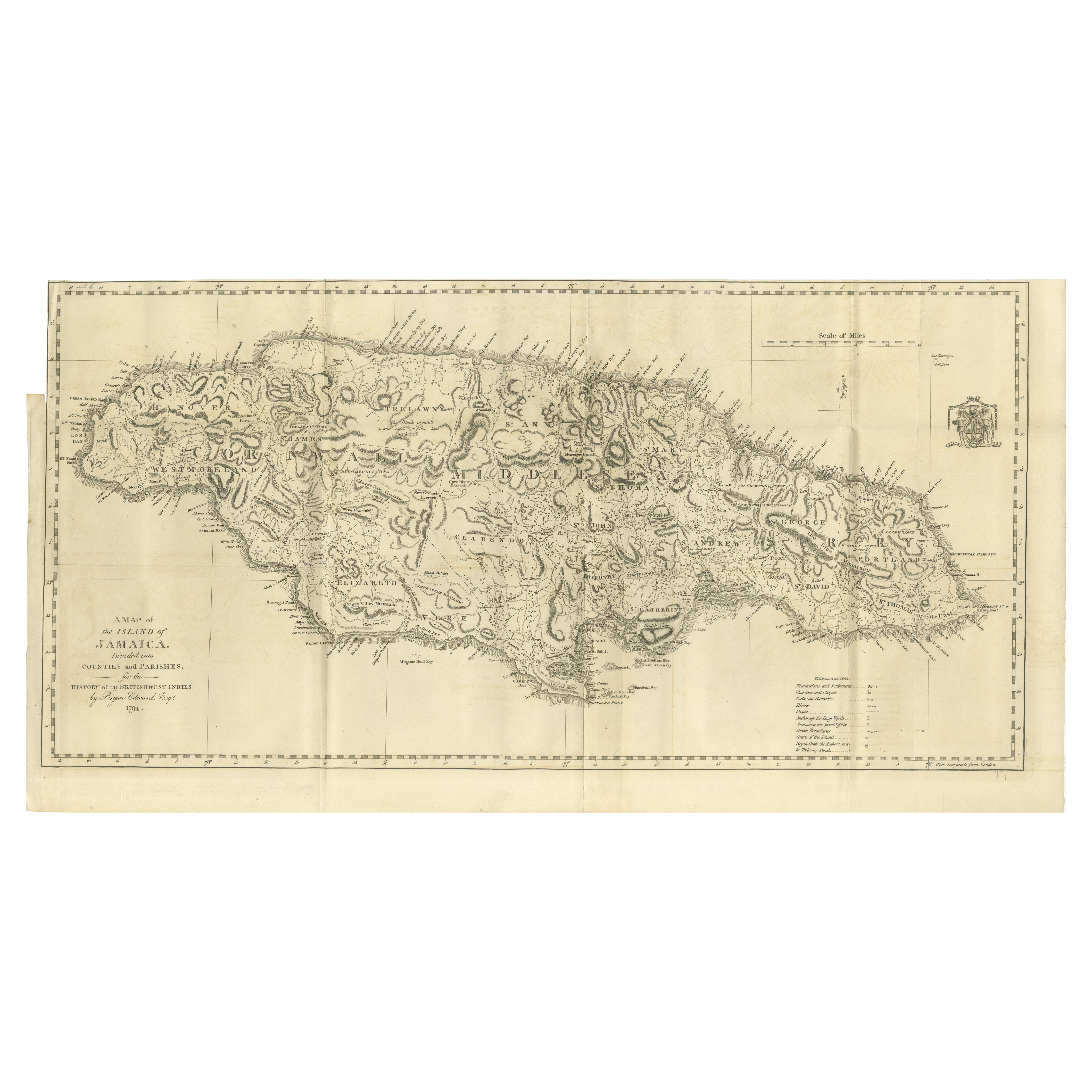 1794 Map of Jamaica by Bryan Edwards – Parishes, Plantations, Settlements