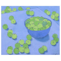Brita Streijffert, Swedish artist. Oil pastel on paper. Fruits on a table.