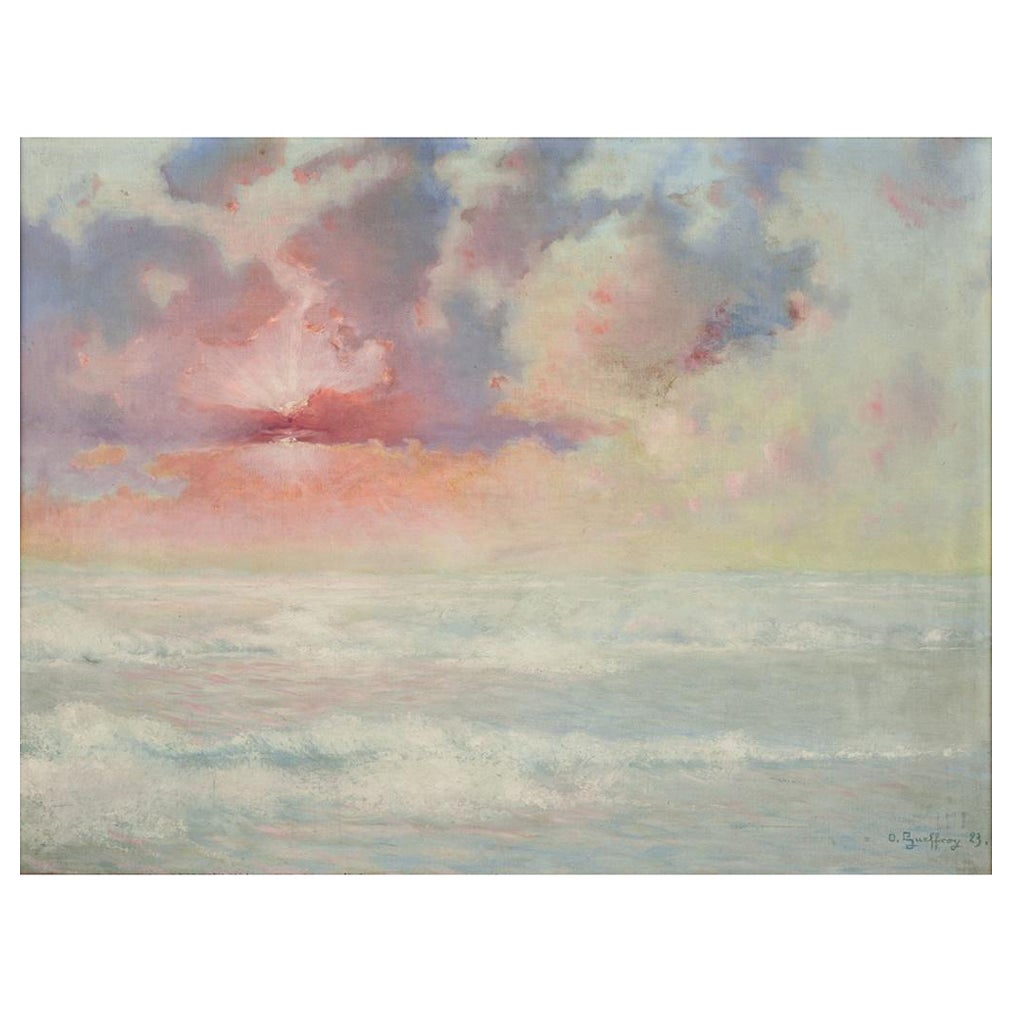 Jean Geoffroy, listed French artist. Oil on canvas. Beachside at sunset, 1923