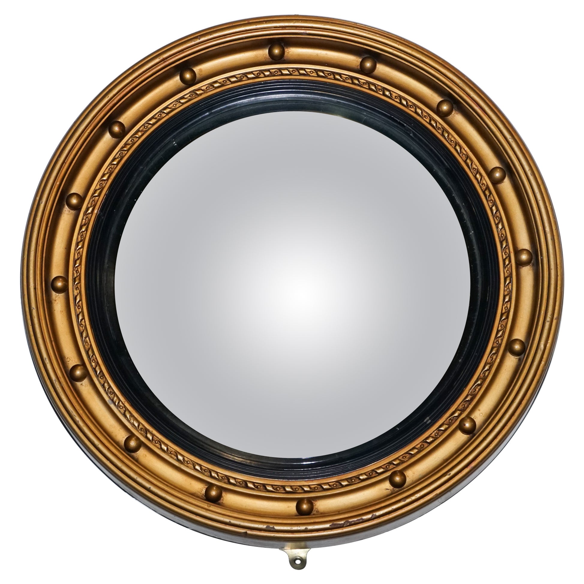 ANTIQUE 1920'S BUTLERS CONVEX BLACK & GOLD GILT WOOD WALL MiRROR For Sale