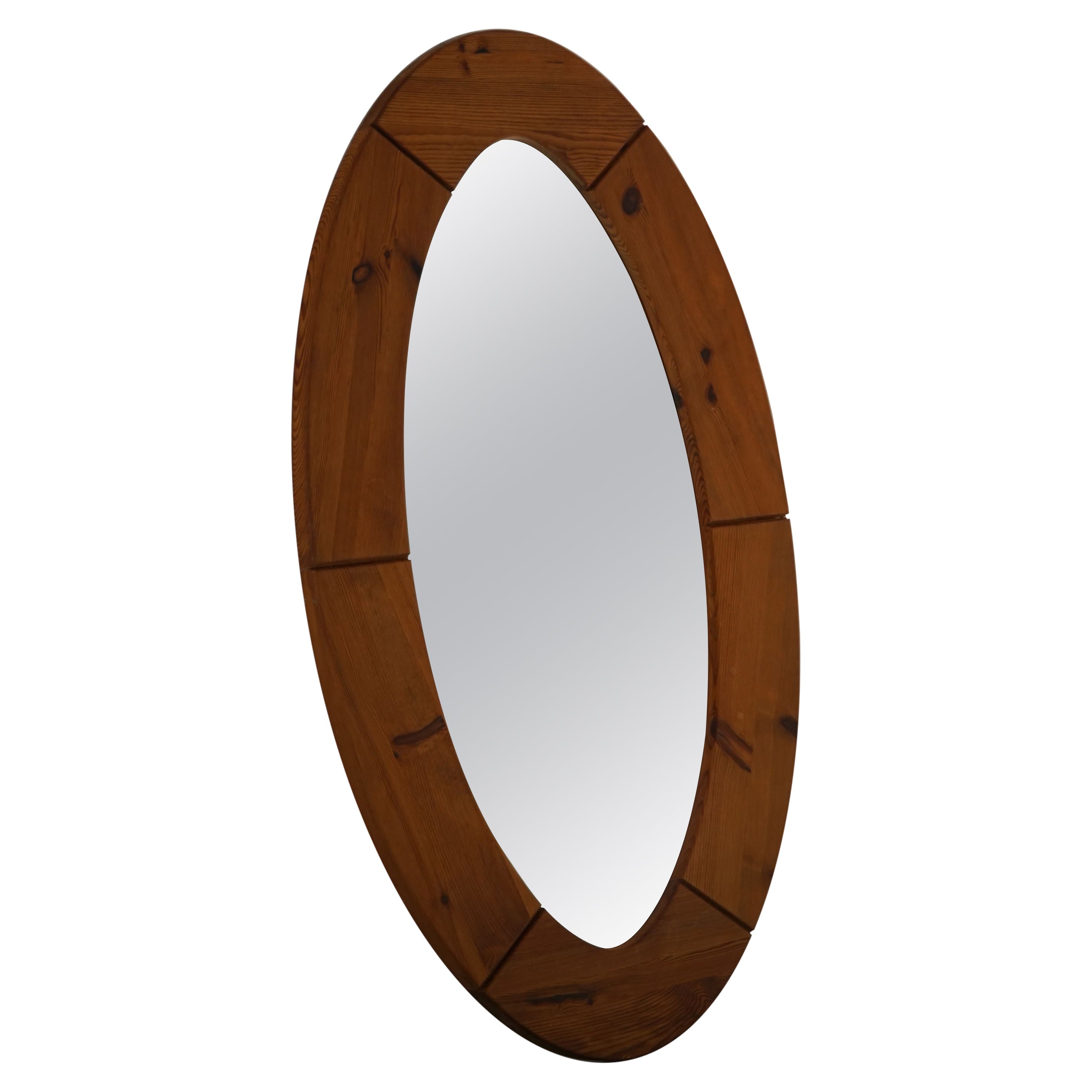 Large Oval Wall Mirror in Solid Pine by Glasmäster Markaryd, Sweden, 1960s For Sale