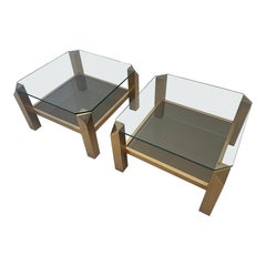 Pair of 1970s Belgo Chrom Gold-Plated Glass Tables, Hollywood Regency