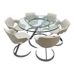 Boris Tabacoff “Scimitar” Dining Set – 6 Chairs & Glass Table, 1970s