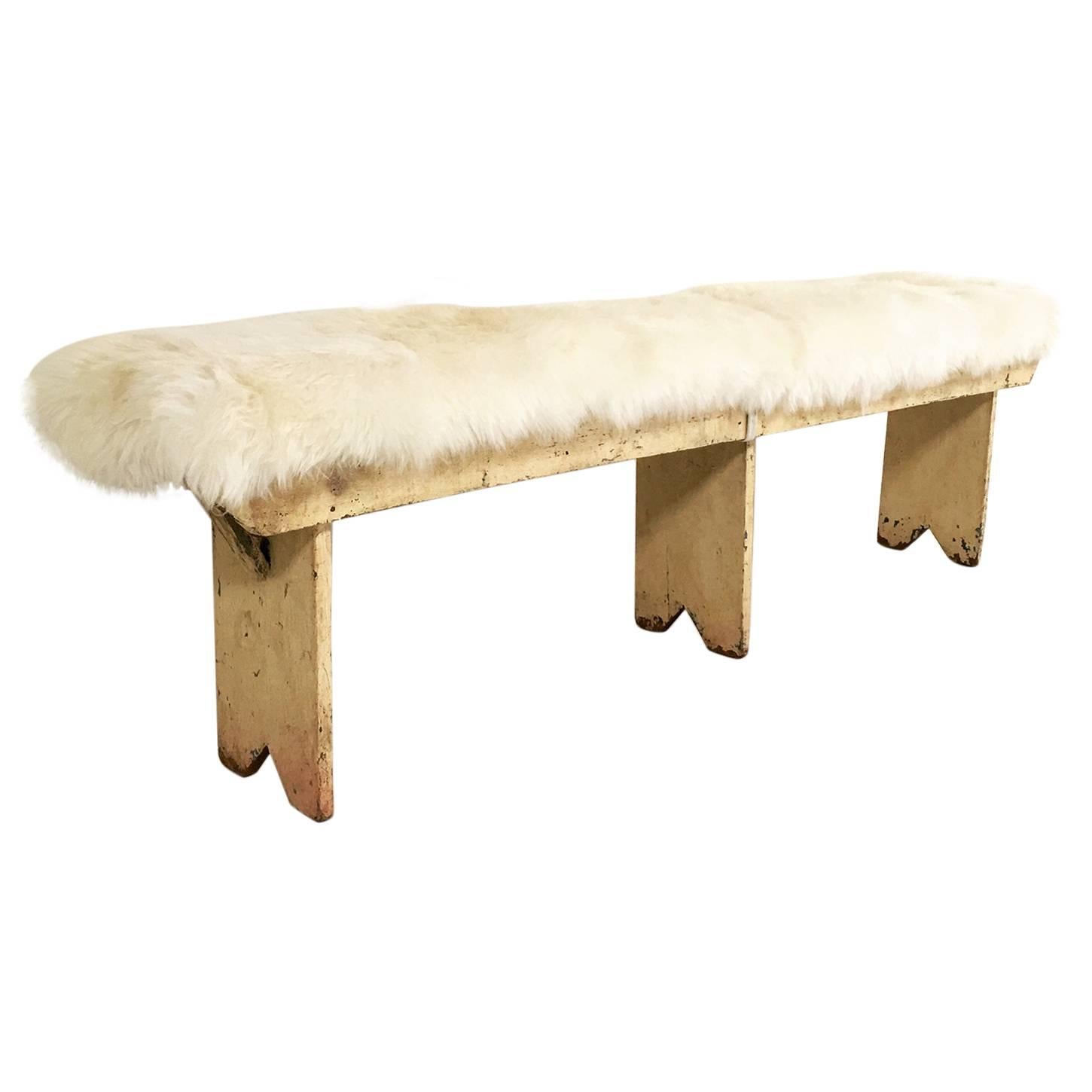 Vintage Walnut Farmhouse Bench with Sheepskin Cushion