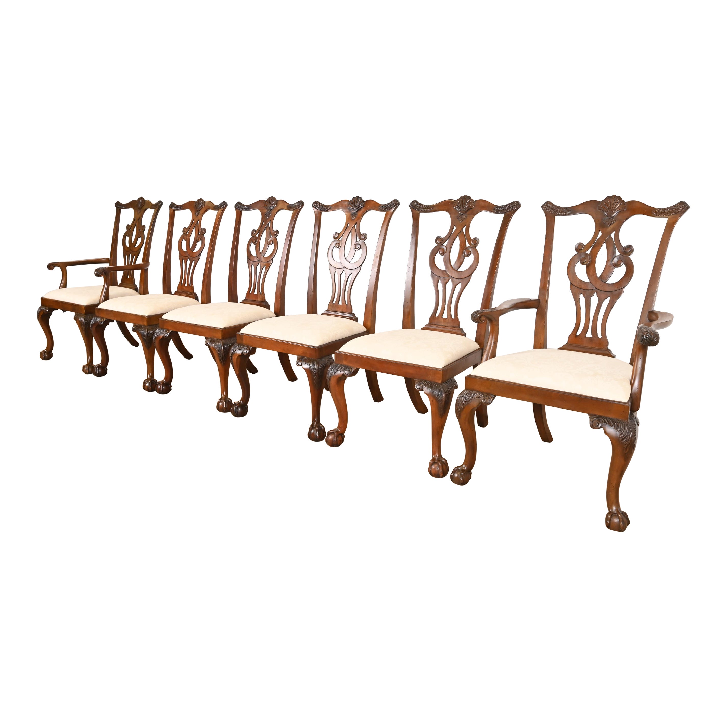 Drexel Heritage Chaises de salle à manger en acajou sculpté Chippendale, ensemble de six