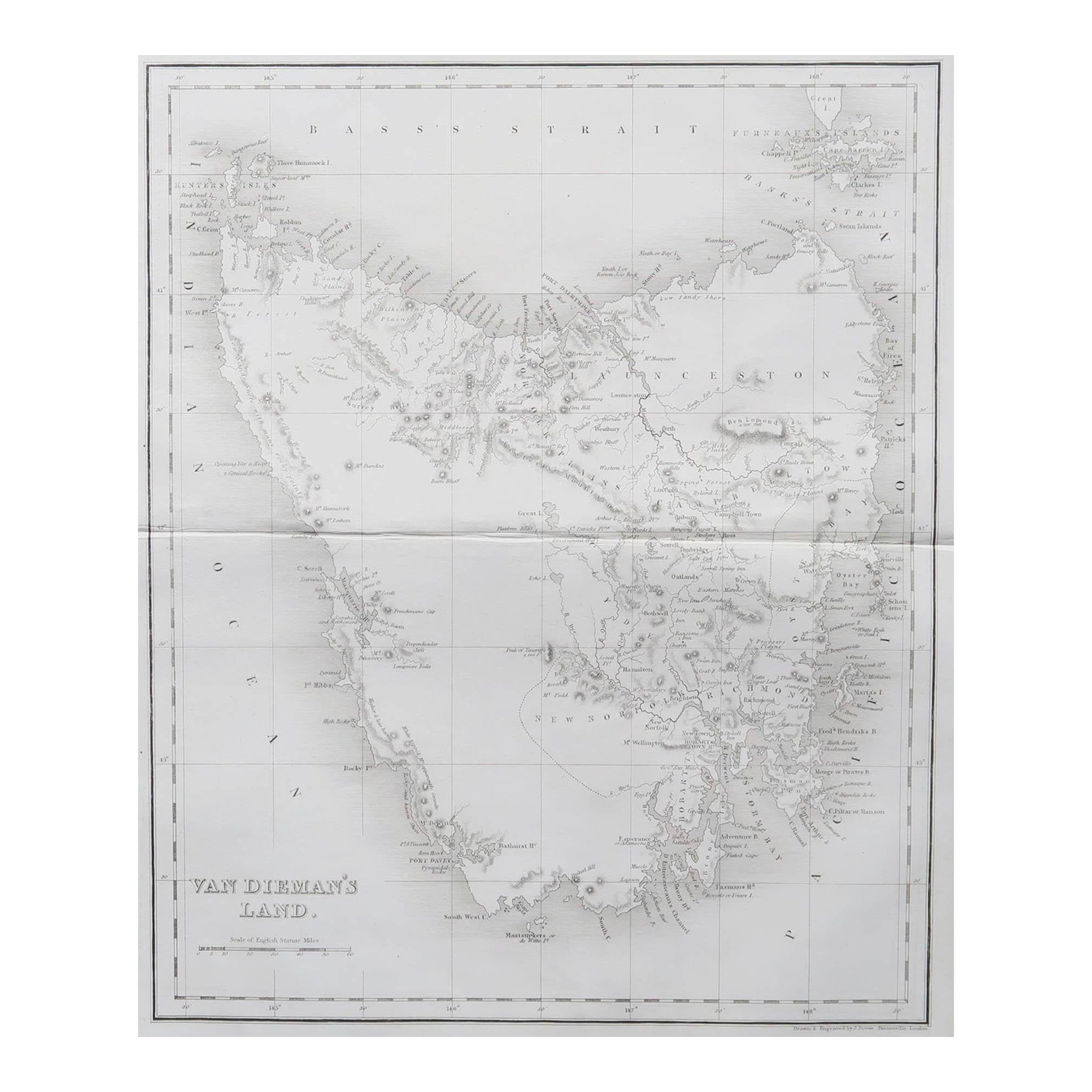 Carte ancienne originale de la Tasmanie, Australie par Dower, vers 1835 en vente