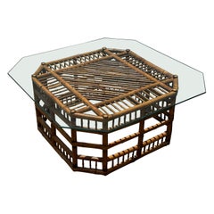 1970s Brighton Style Rattan Bamboo Glass Octogonal Coffee Cocktail Table