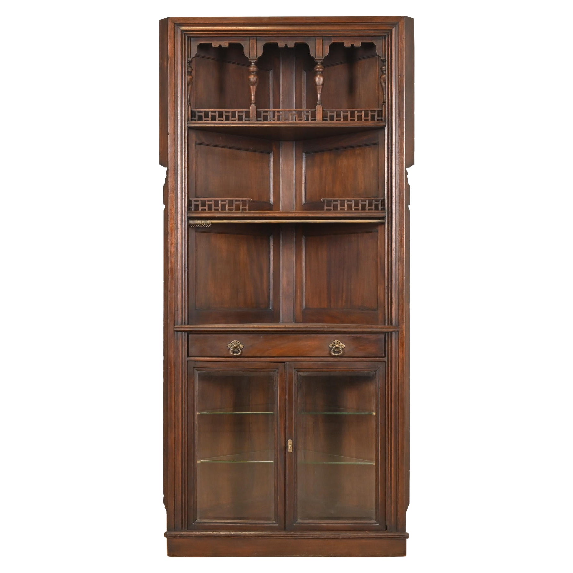 Signed Herter Brothers Eastlake Victorian Carved Mahogany Corner Cabinet For Sale