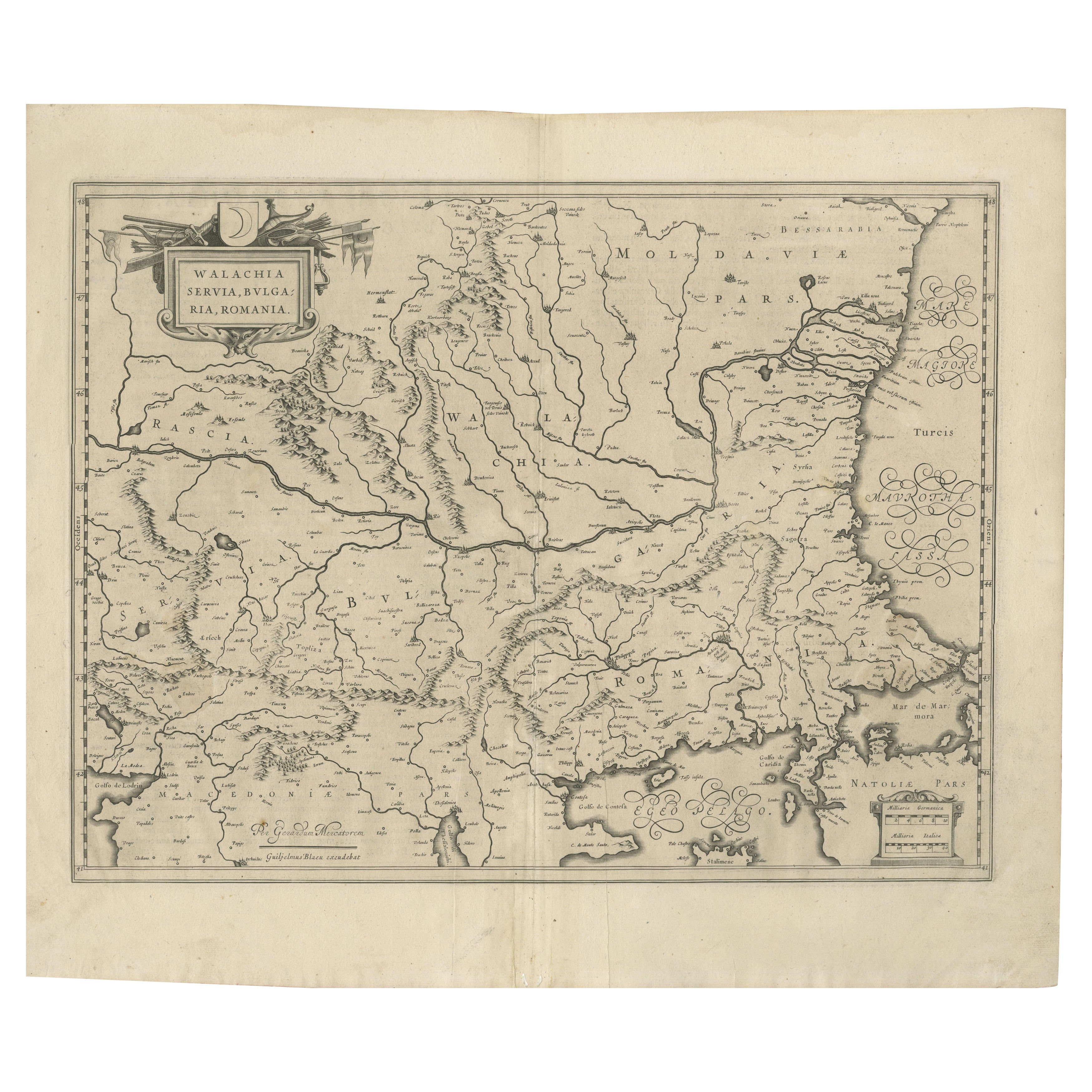17th Century Blaeu Map – Ottoman Balkans: Walachia, Bulgaria, Romania, ca. 1650