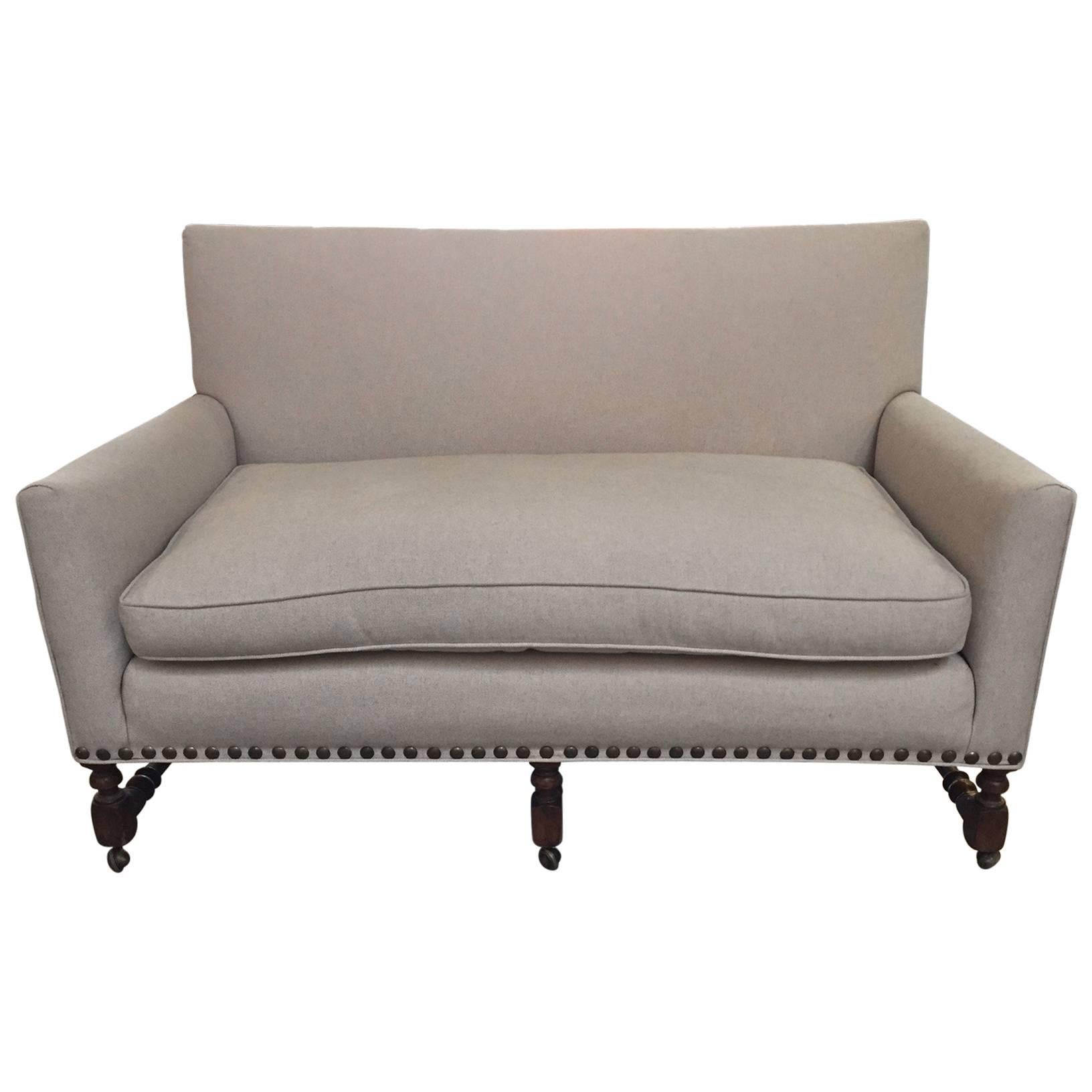 Tailored English Linen Loveseat with Turned Mahogany Frame on Casters