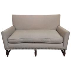 Antique Tailored English Linen Loveseat with Turned Mahogany Frame on Casters