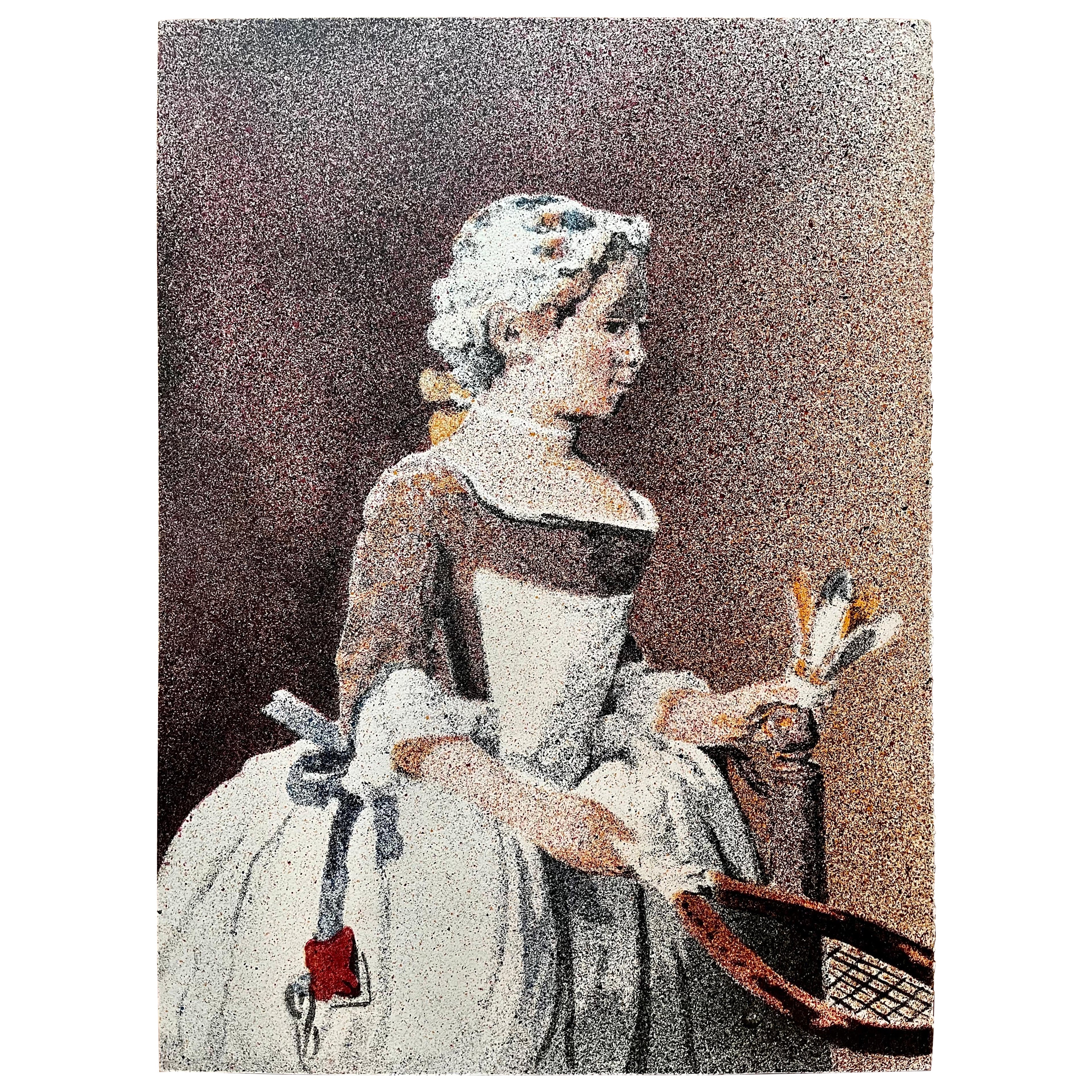 "Mädchen mit Schläger und Federball"  Lithographie von J. Clem Clarke, signiert, 1969 im Angebot