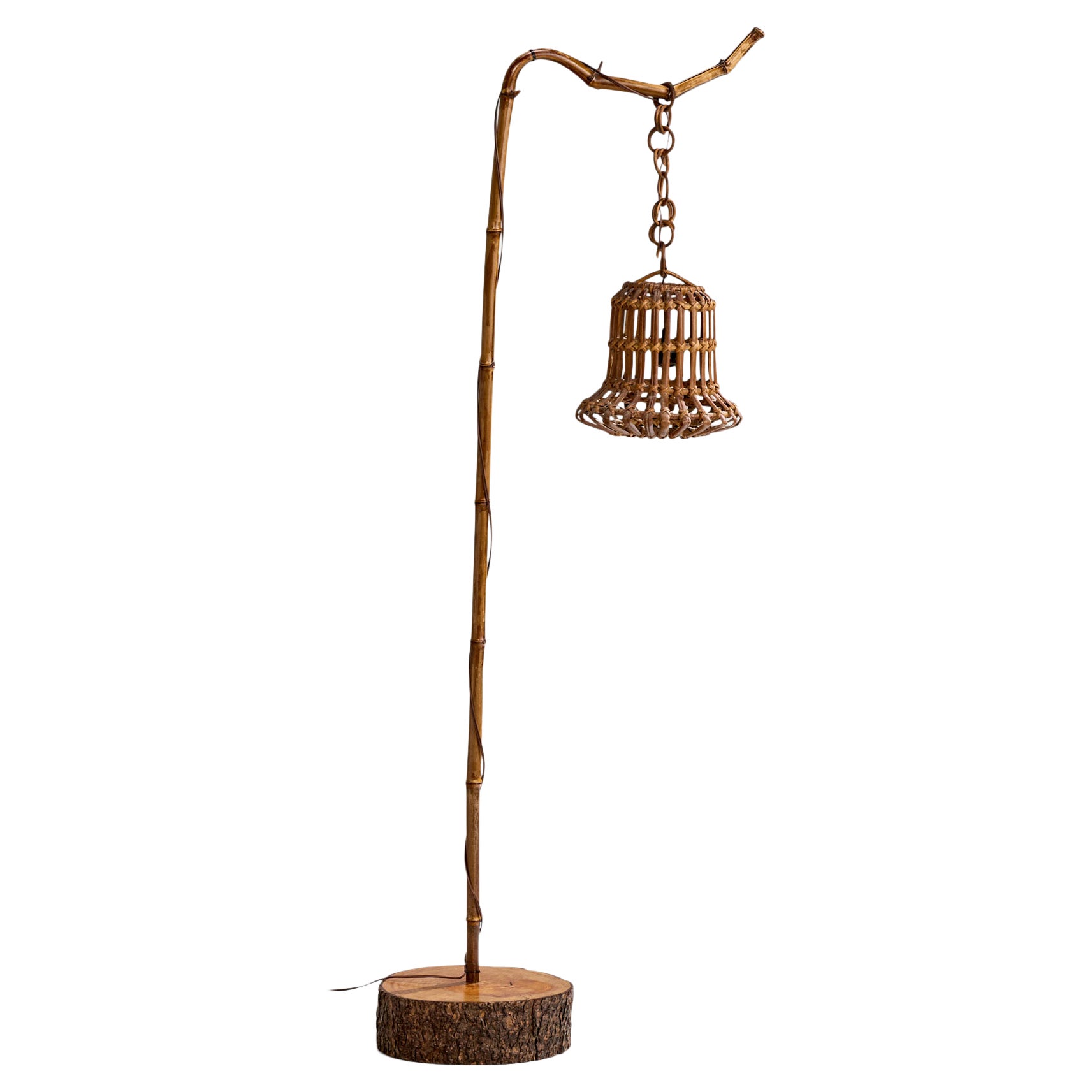Lampadaire de designer italien, Wood, Bambou, Rotin, Italie, années 1970 en vente