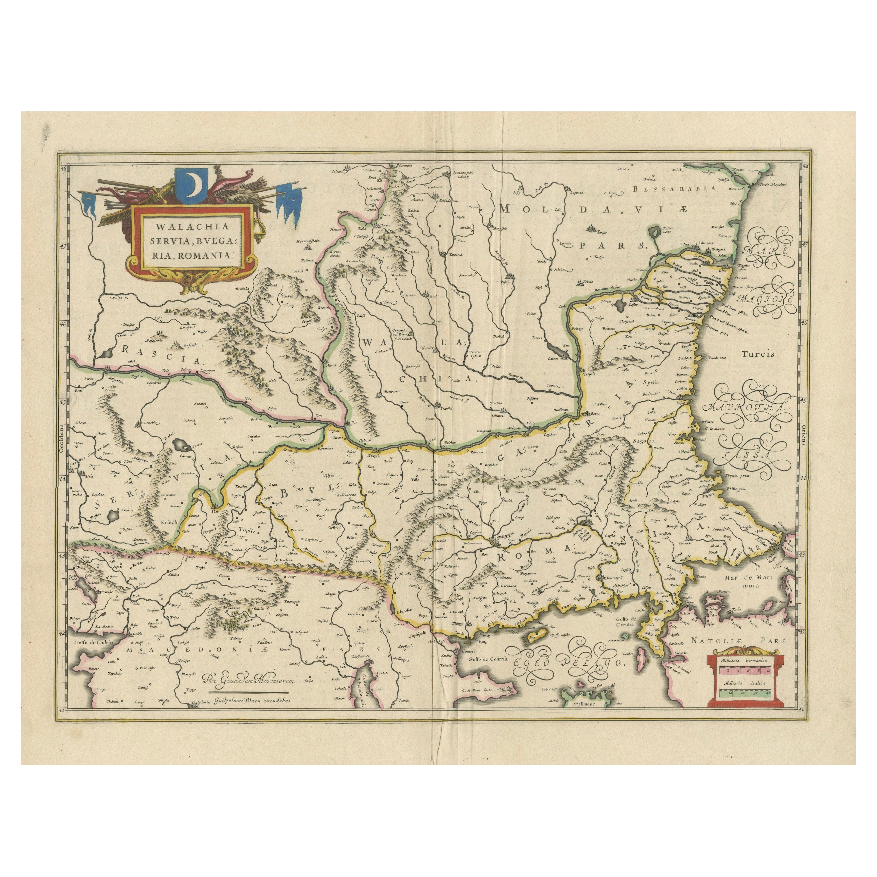 Blaeu Map of Ottoman Balkans – Walachia Bulgaria Romania, circa 1665 For Sale